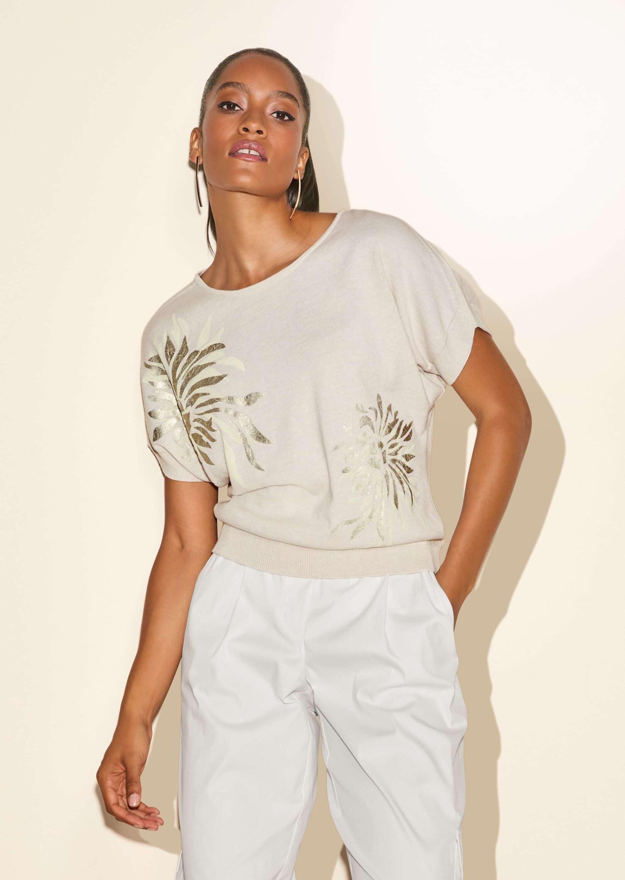 MADELEINE Longpullover »Pullover Kurzarm Strickshirt mit Folien-Print«