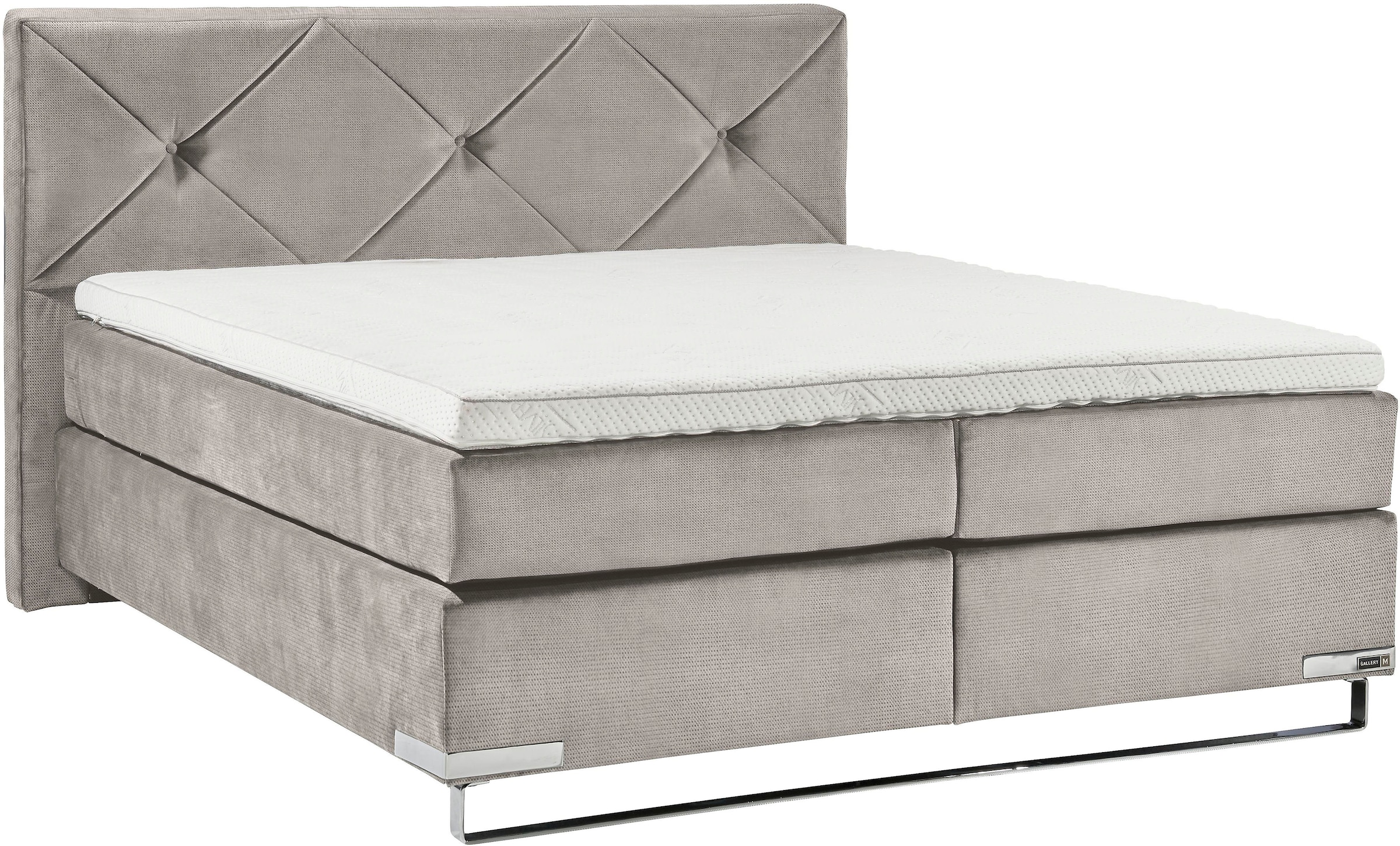GALLERY M branded by Musterring Boxspringbett »Dubai«, Kufe in Chrom, 3 Härtegrade, Kopfteil mit Knopfheftung