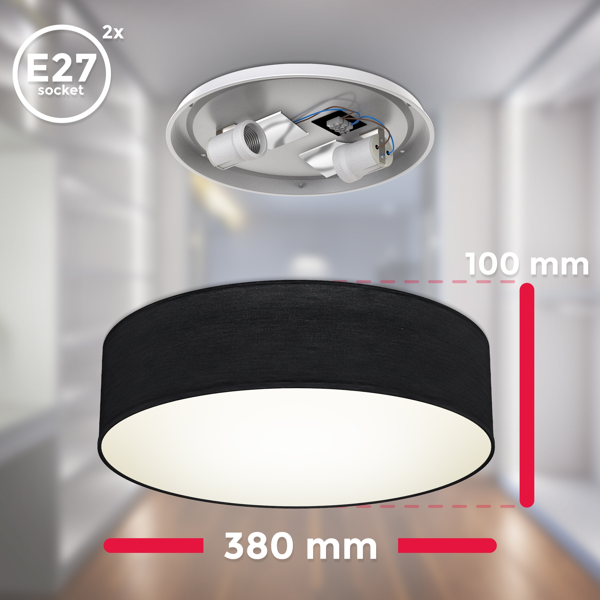 Deckenlampe, B.K.Licht 3 2 online LED flammig-flammig, kaufen schwarz, XXL Textil Jahren Wohnzimmer Lampenschirm, | mit Schlafzimmer, Deckenleuchte, Garantie