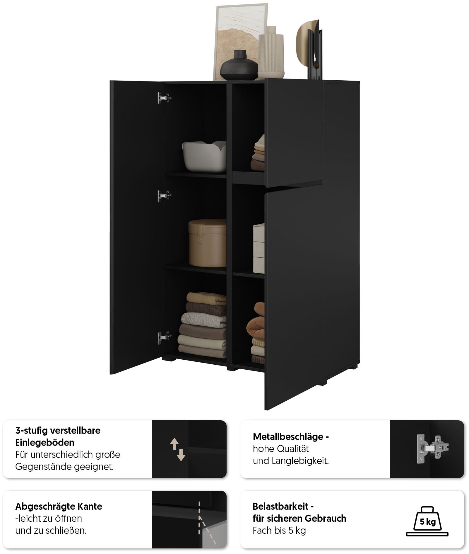 OTTO home Highboard »Metric,Breite 92cm, moderne grifflose Hochkommode 3 Türen,Highboard« Hochschrank mit viel Stauraum, Einlegeböden verstellbar, Türkommode