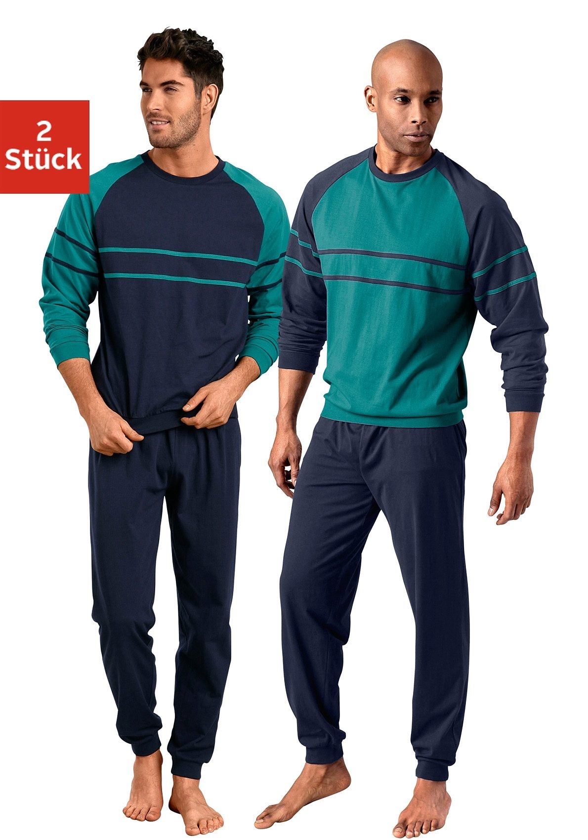 le jogger Pyjama "Schlafanzug für Herren im Doppelpack" Packung, 4 tlg. in langer Form mit aufgesetzten Streifen