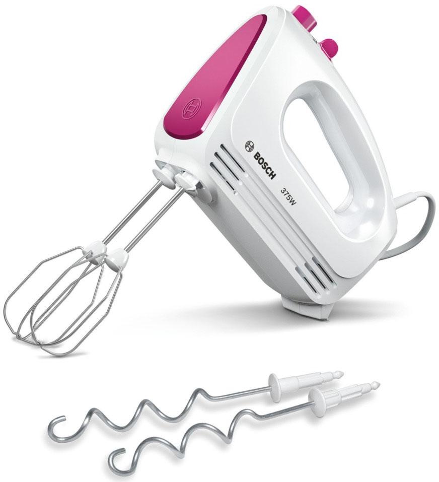 BOSCH Handmixer »CleverMixx MFQ2210P, Edelst. Rührbesen/Knethaken, 4 Stufen, weiß/pink«, 375 W, Turbotaste, ergonomischer Griff, Auswurftaste, Made in Europe
