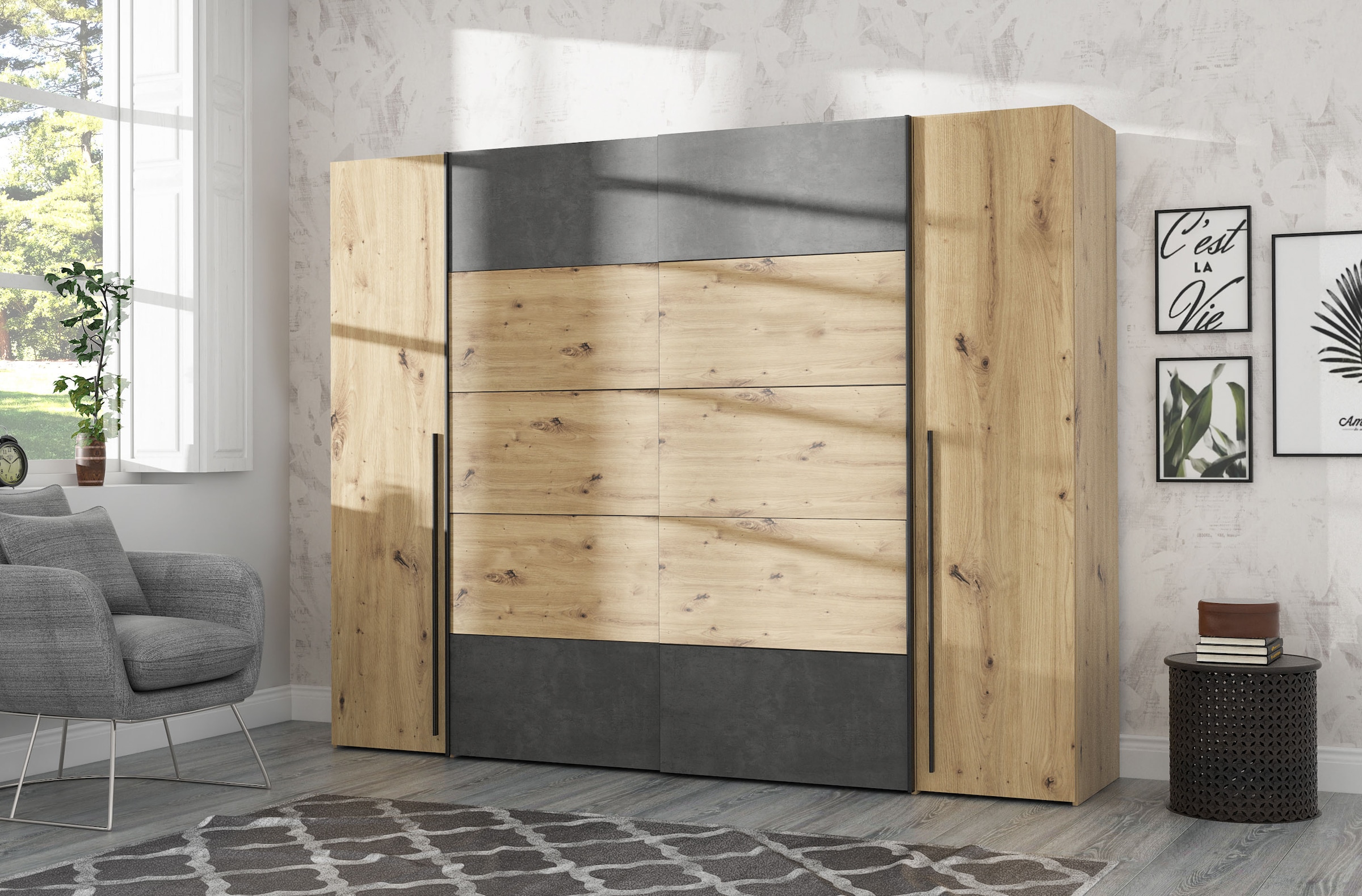 FORTE Dreh-/Schwebetürenschrank »Narago, TOPSELLER zum TOP Preis! In verschiedenen Farben«, (Farbe Weiß auch mit Spiegeln erhältlich), mit zahlreichen Einlegeböden, viel Stauraum, Made in Europe