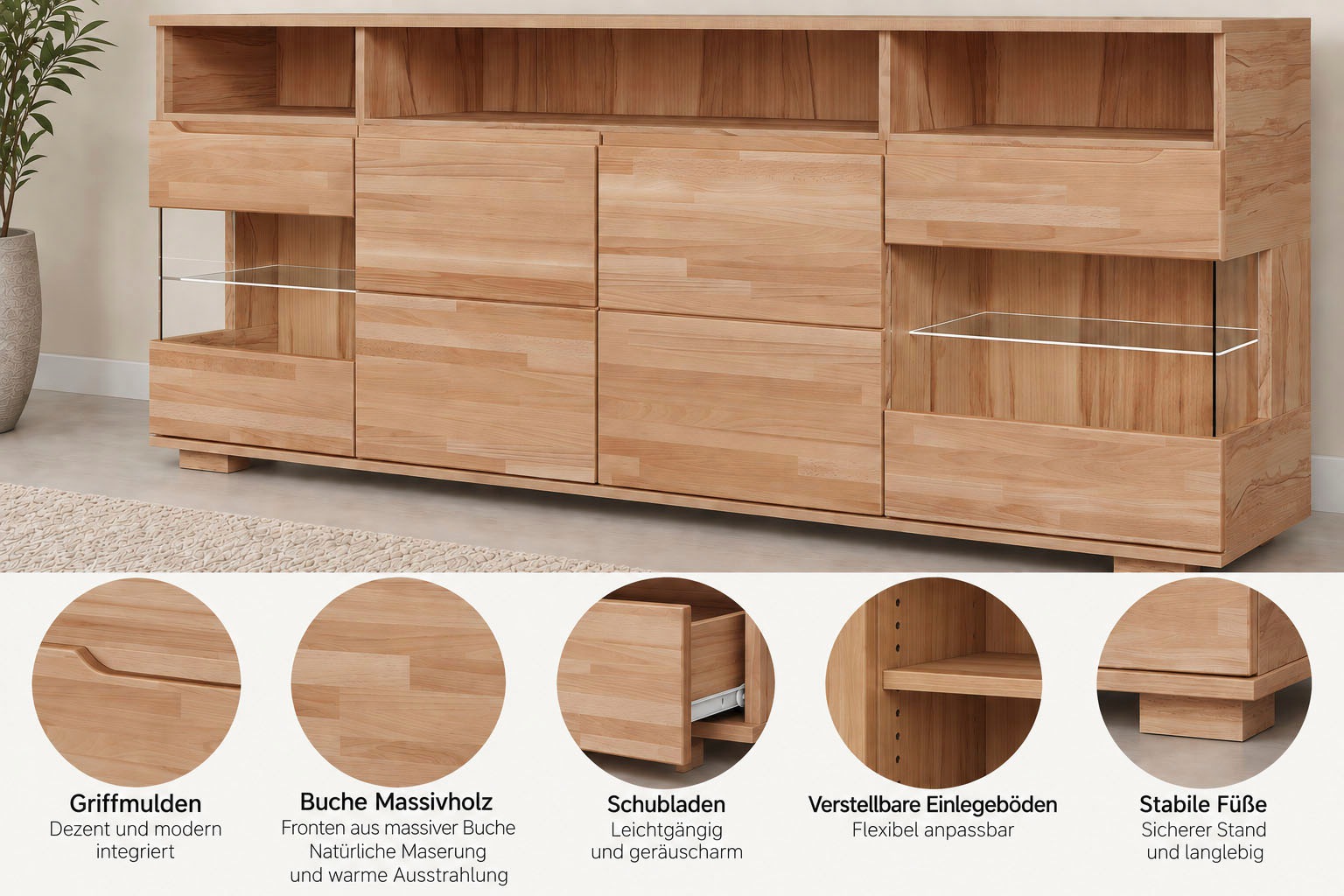 OTTO home Sideboard »VETRO Teilmassiv, Fronten Massivholz, Wohnzimmer, Stauraum,Griffmulde« B/T/H:199/40/85cm, 3 offene Fächer, 6geschlossen Fächer, Stauraum