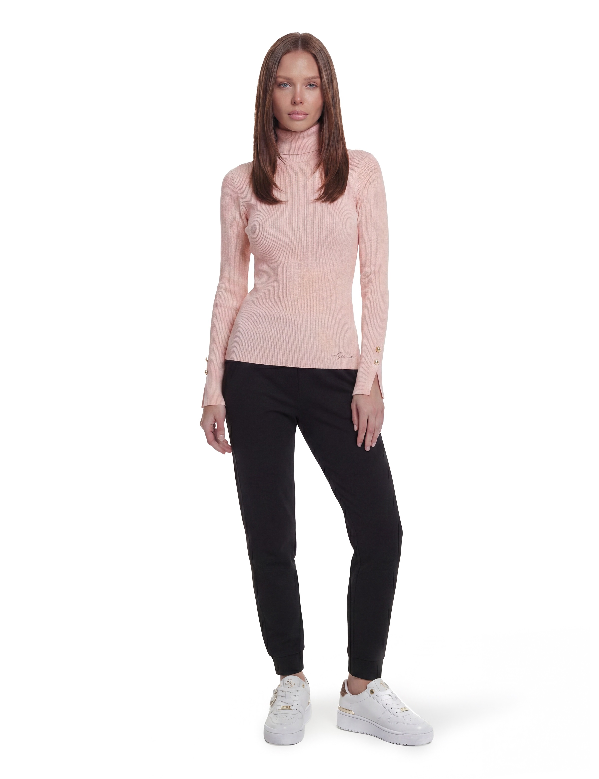 Guess Rollkragenpullover »LS TN ELLIE SWTR« in gerippter Struktur, Knopf-Details