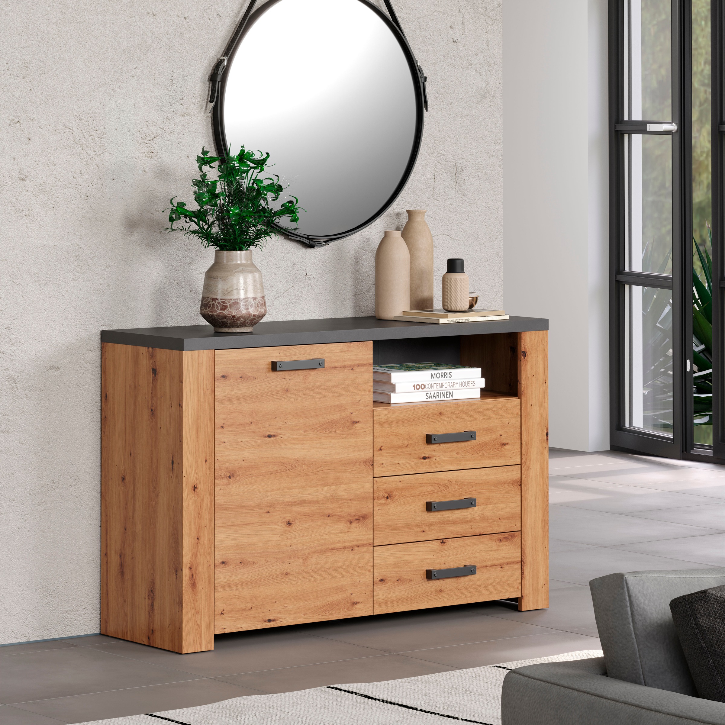 Home affaire Sideboard »Ambres«, (1 St.), Kommode, Echtholzoptik, Maße BxH: 127x83 cm, Eiche