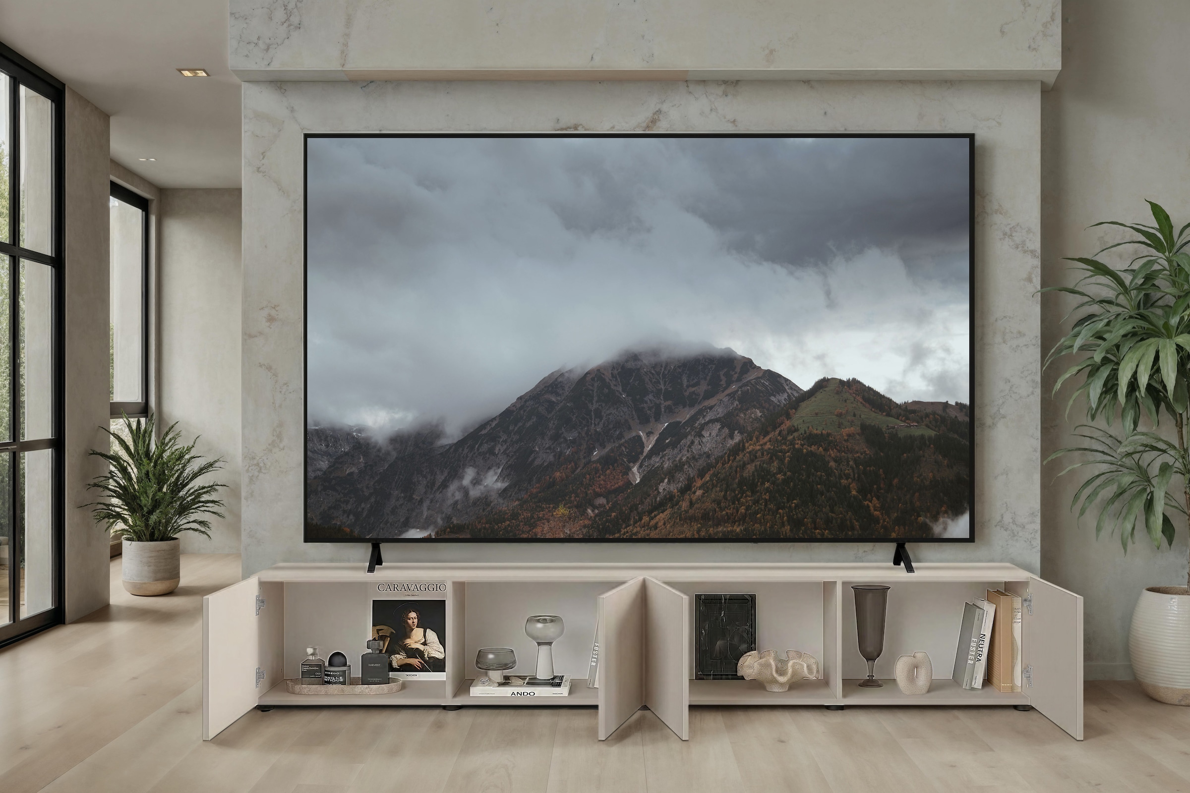 OTTO home Lowboard »Rio, 245 cm breit, 47 cm tief, 4 Türen mit geriffelten MDF Fronten« Modernes Lowboard für bis zu 98-Zoll-TV – perfekt für die WM