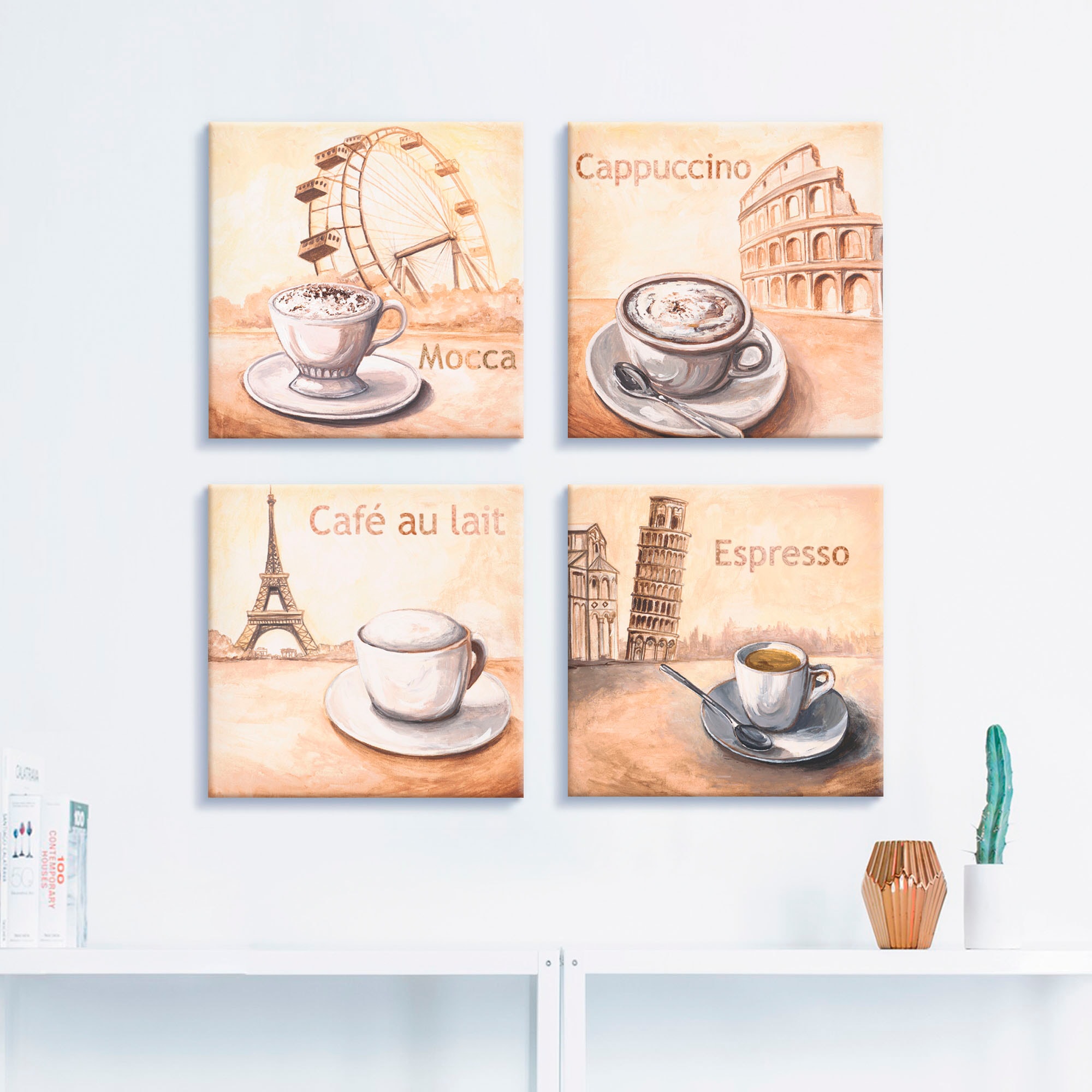 Artland Leinwandbild »Mocca Cappuccino Café au lait Espresso«, Getränke, (4  St.), 4er Set, verschiedene Größen auf Raten bestellen | Leinwandbilder