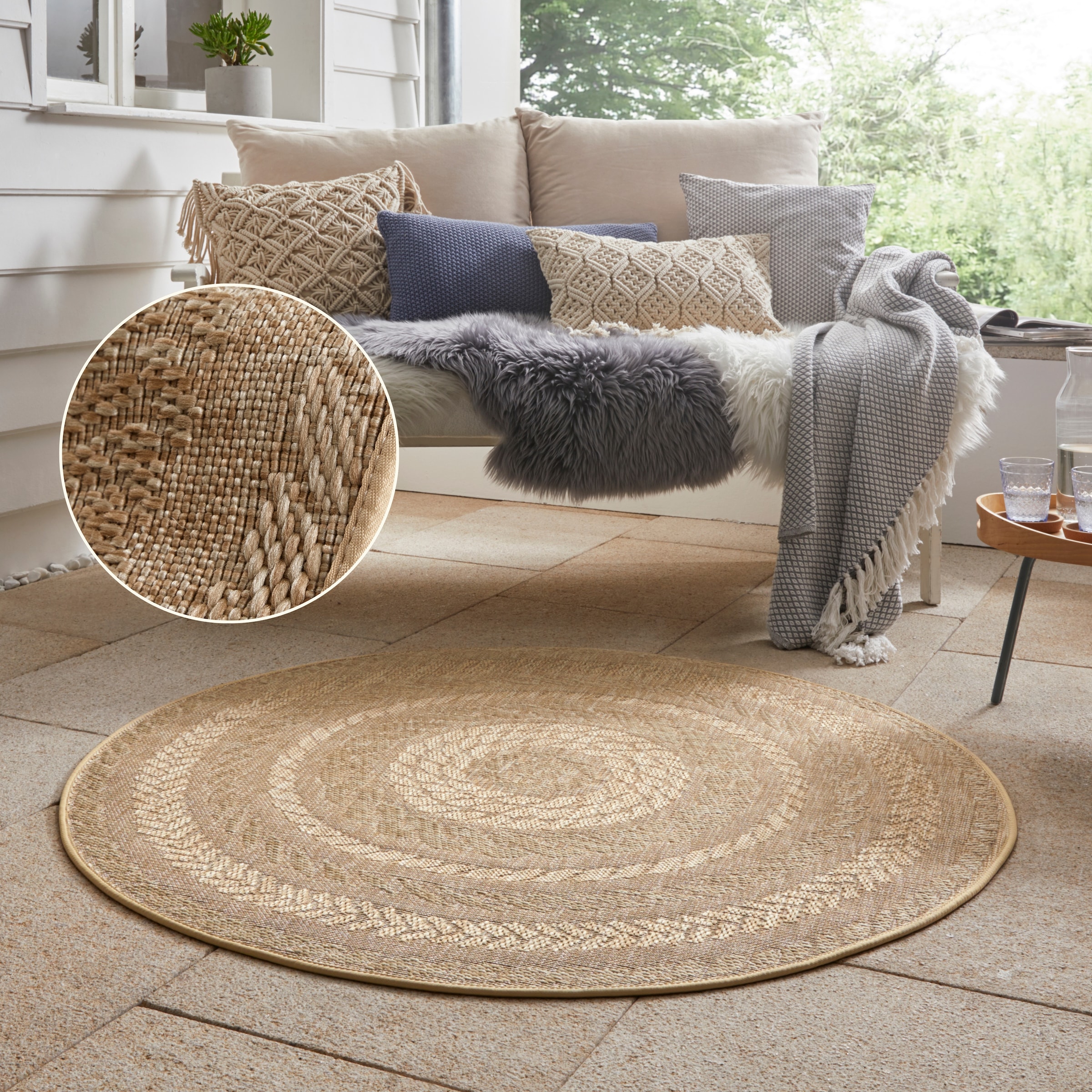 THE RUGS Indoor Outdoor Almendro Round Rug Chevron Design High Low Texture in Beige | Size: 160cm diameter
