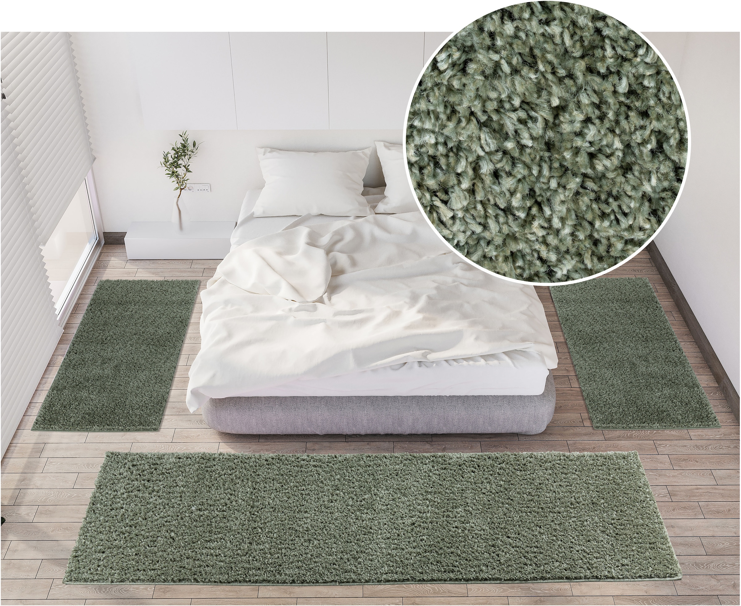 my home Bettumrandung »Shaggy 30«, (3 tlg.), gewebt, 2- oder 3-teilig, Bettvorleger, Läufer-Set, Uni-Farben