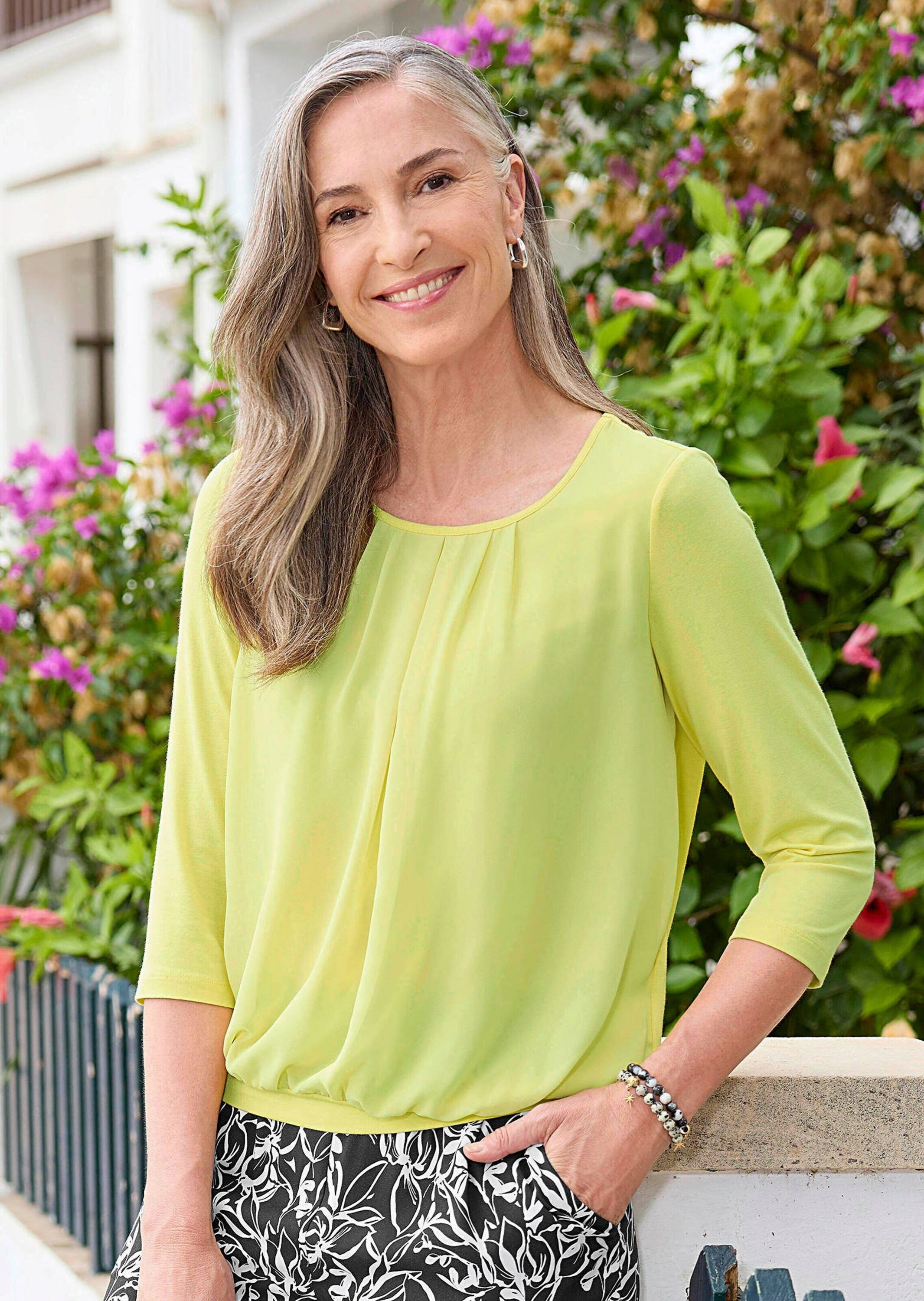 GOLDNER Kurzarmbluse »Chiffon-Shirt mit 3/4-Arm, Rundhals« keine/nicht relevant