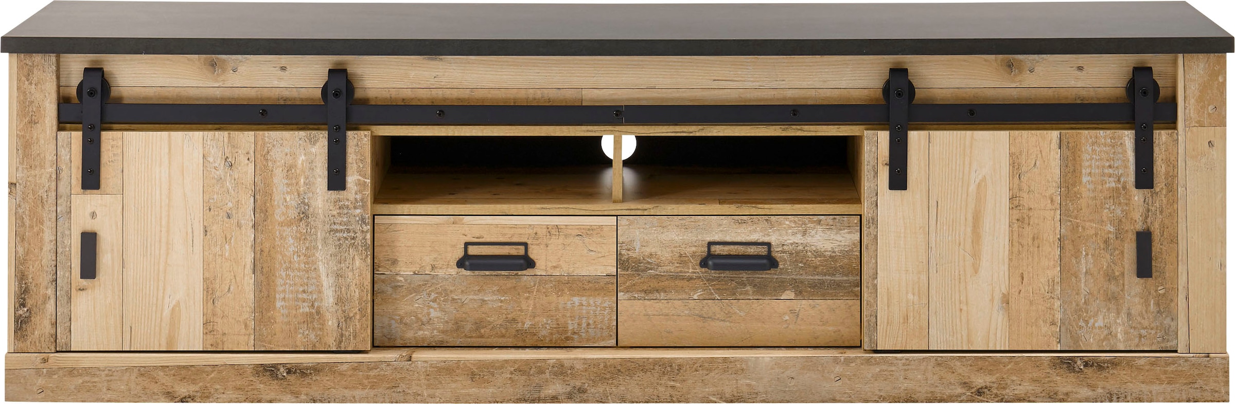 Home affaire Lowboard »SHERWOOD«, modernes Holz Dekor, mit Scheunentorbeschlag aus Metall, Breite 201 cm