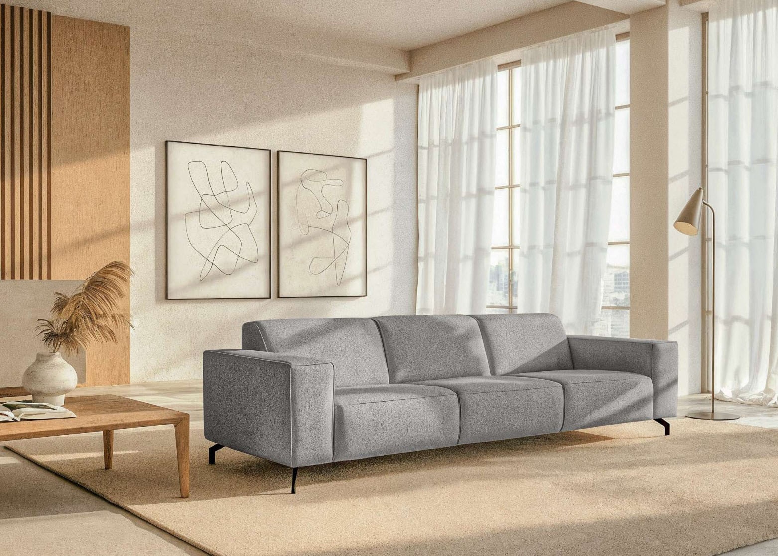 Home affaire 3-Sitzer »Lorcan 257 cm, weiches Sitzgefühl« mit schwarzen Metallfüßen, Lederoptik und in weichem Strukturstoff