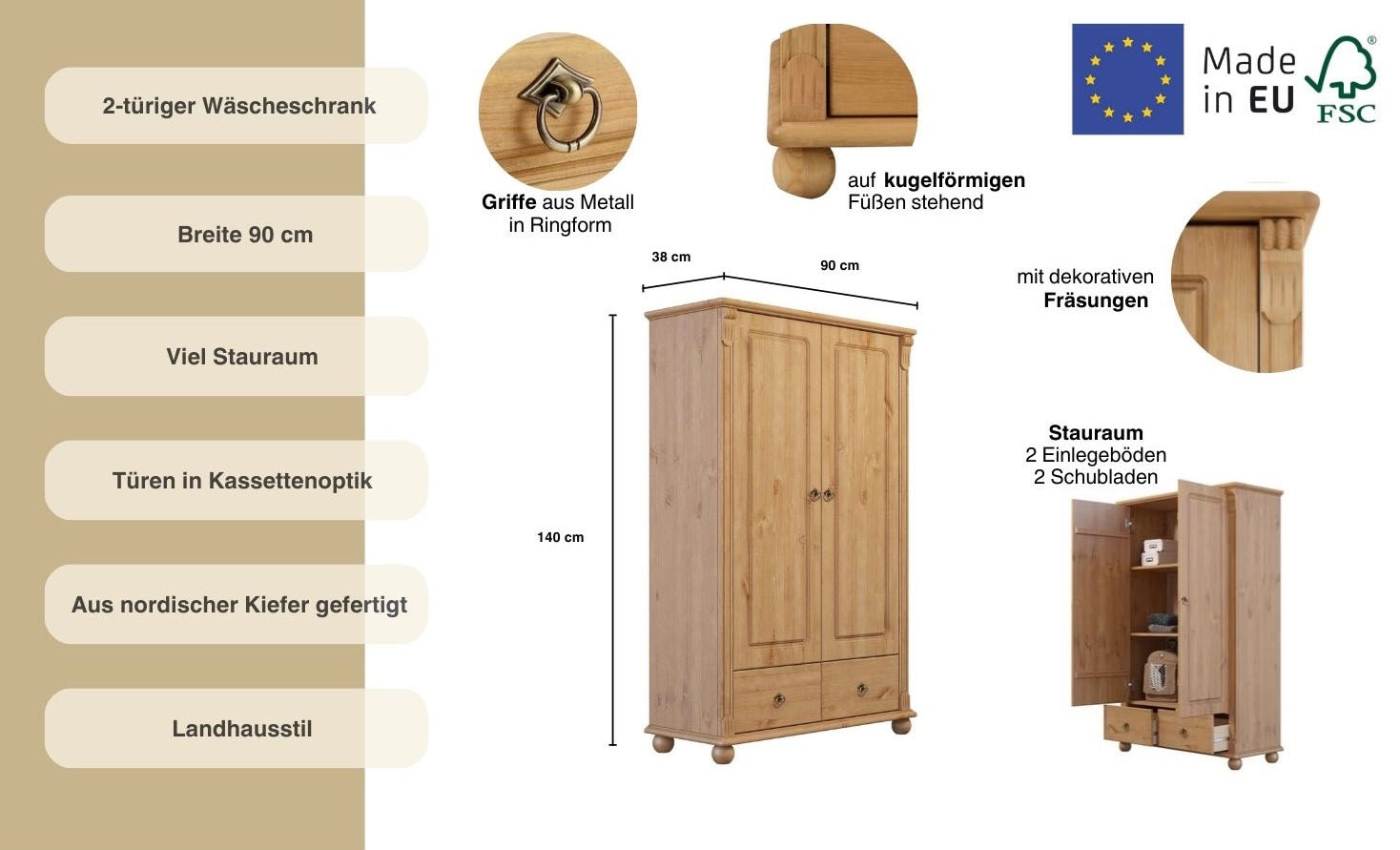 Home affaire Wäscheschrank »Tessin«, (2 Breiten: 90/128 cm H/T ca. 140/38 cm), aus massiver Kiefer, in 2 Breiten, viel Stauraum, FSC zertifiziert