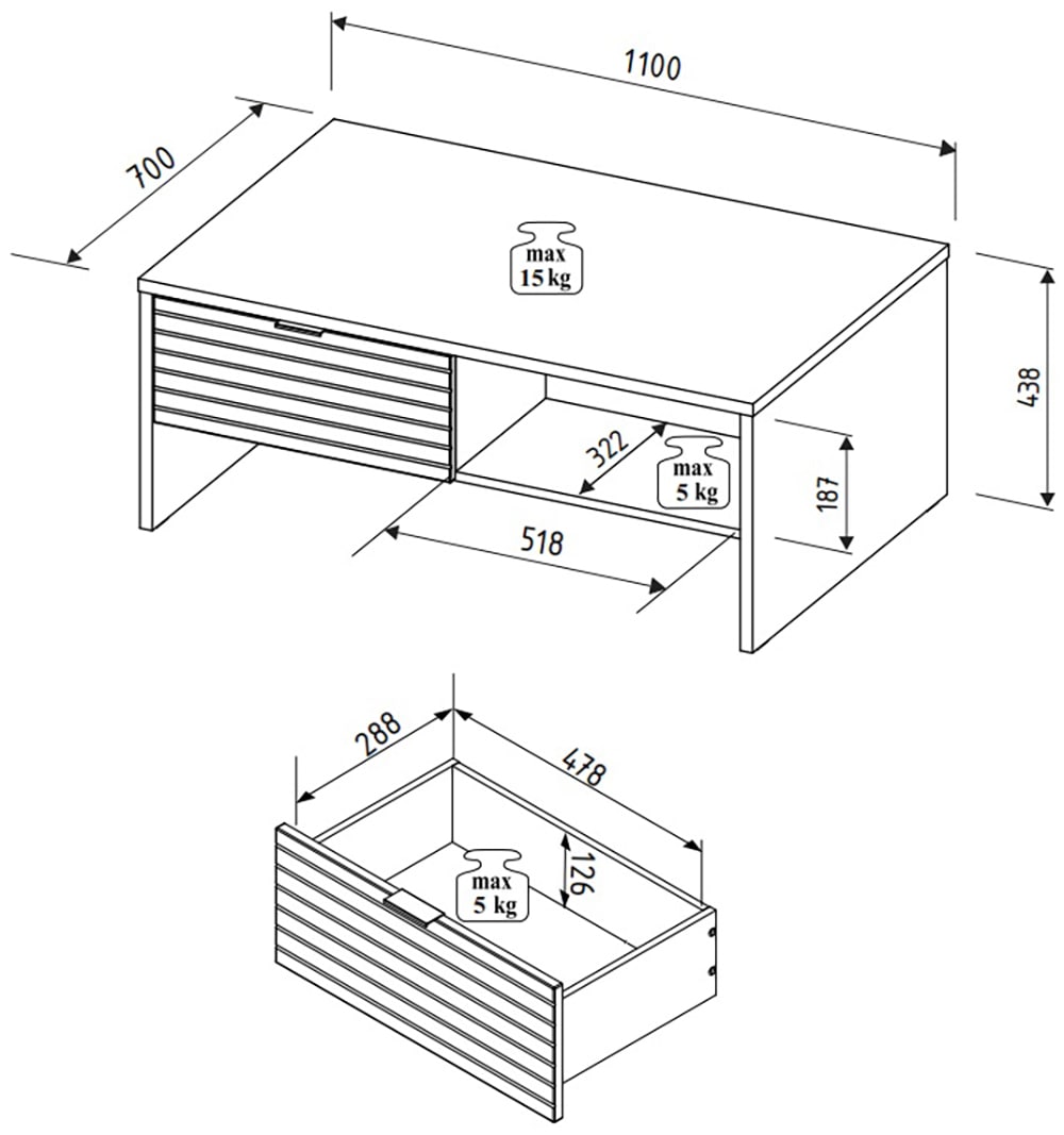 Innostyle Couchtisch »INA Couchtisch, 110 x 44 x 65 cm (B/H/T)« 1 Stk. tlg. 2 Schubladen, 2 offene Fächer