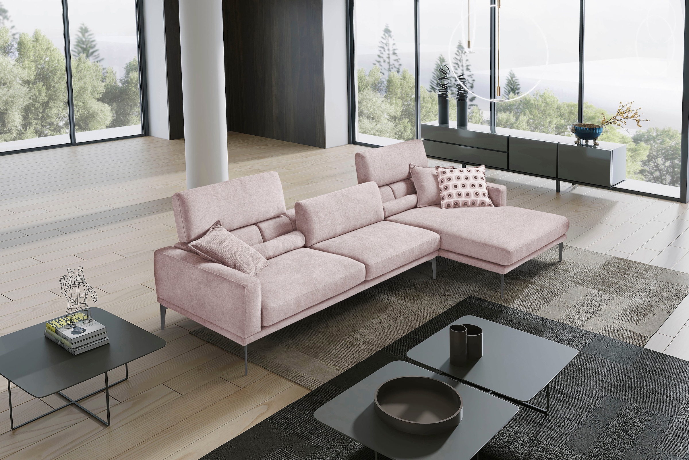 Egoitaliano Ecksofa »Masu, Design trifft sensationellen Sitzkomfort«, inkl. 2 Kissenrollen, Rückenelemente manuell verstellbar, Metallfüße