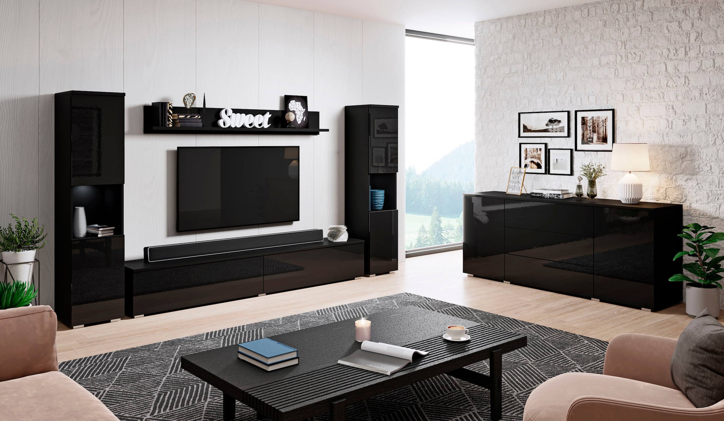 INOSIGN Wohnwand »PARIS«, (Komplett-Set, 4 St.), TV-Wand 260cm breite, grifflose Design, stehend und hängend montierbar