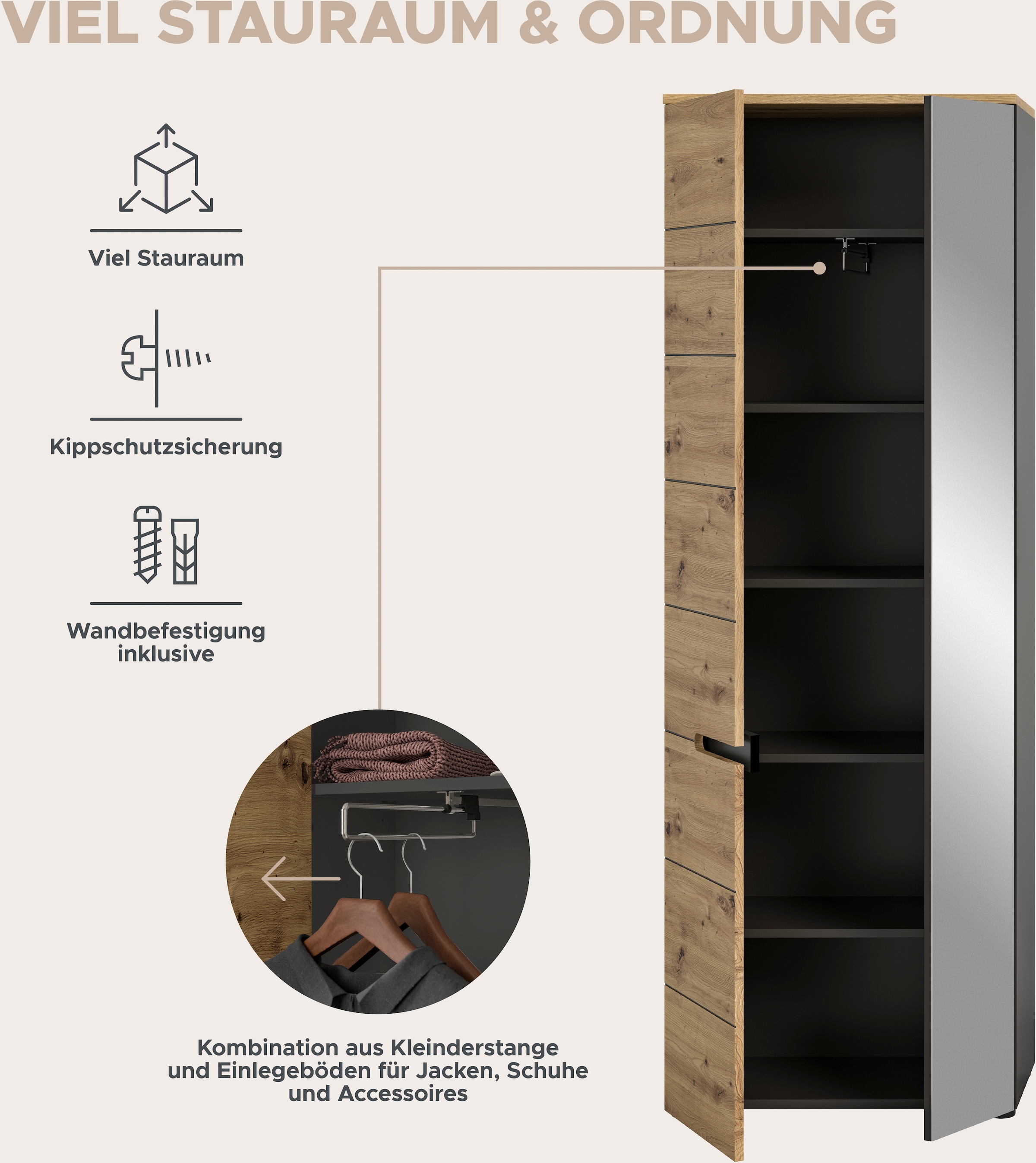 Home affaire Garderoben-Set »REHAT, TOPSELLER!, 4-teilig, Breite 160cm, individuell stellbar« bestehend aus: Garderobenschrank, Sitzbank, Paneel, Hakenleiste, 3 Stk. tlg.