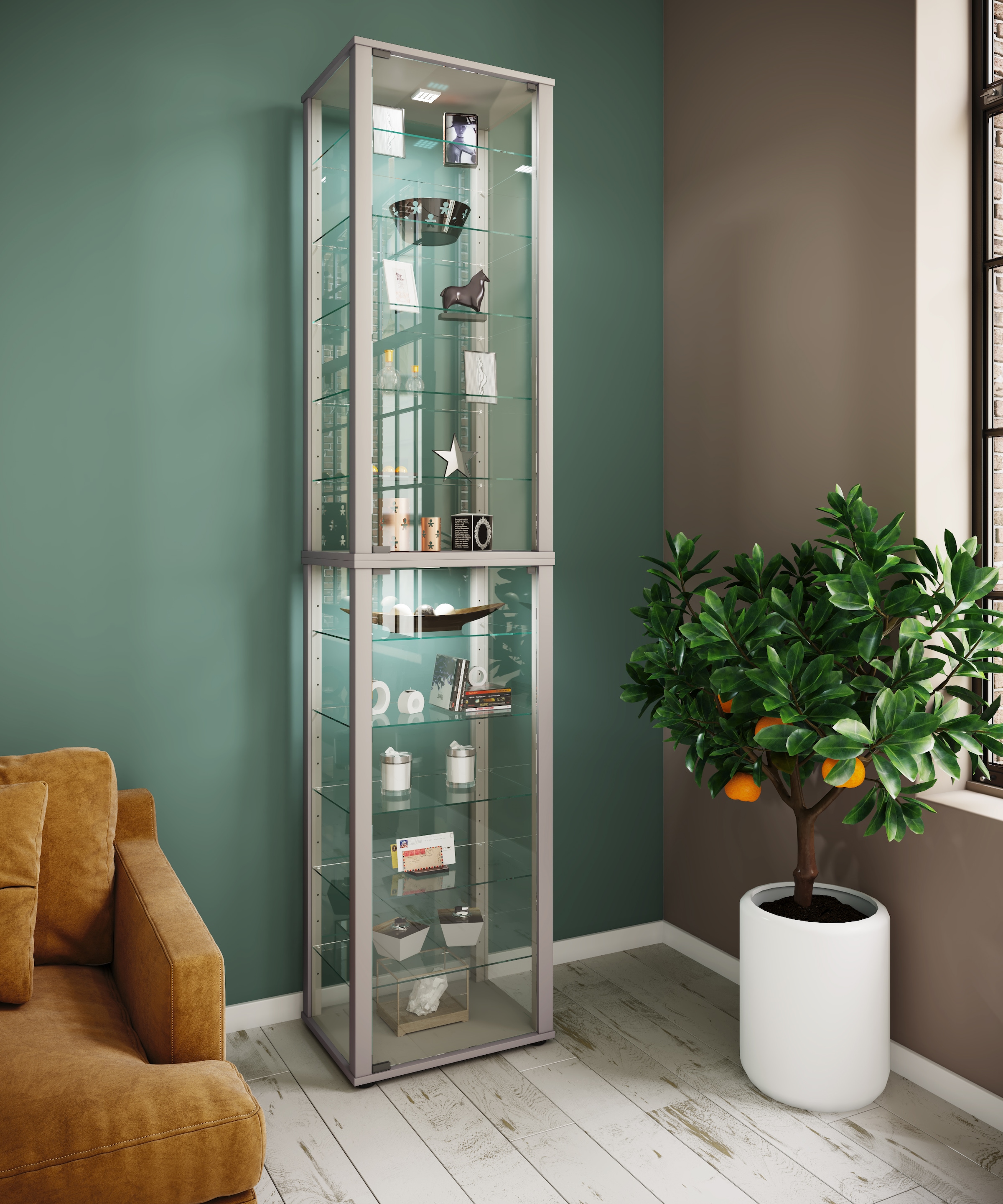 VCM Vitrine »VCM Glasvitrine stehend | Vitrine Glas mit ESG-Sicherheitsglas | Maße ca. H. 227 x B. 50 x T. 38 cm | Standvitrine Glas | Modern und platzsparend | Glas Vitrinenschrank ¿ Kavisa XXL«, (1 St.)