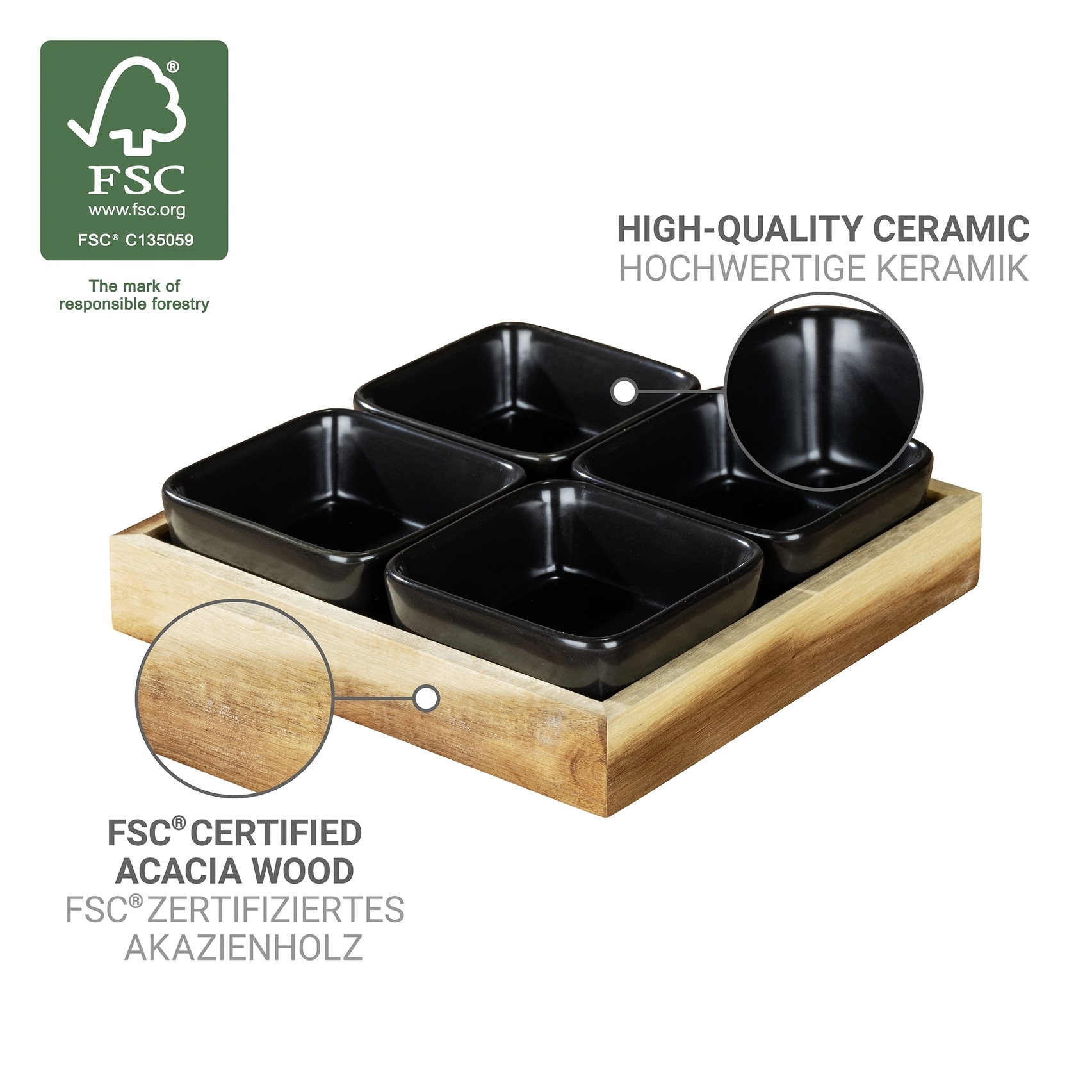 WENKO Dipschale »Modell Elo« 5 tlg. aus Massivholz Schale aus Keramik; Tablett aus Akazienholz