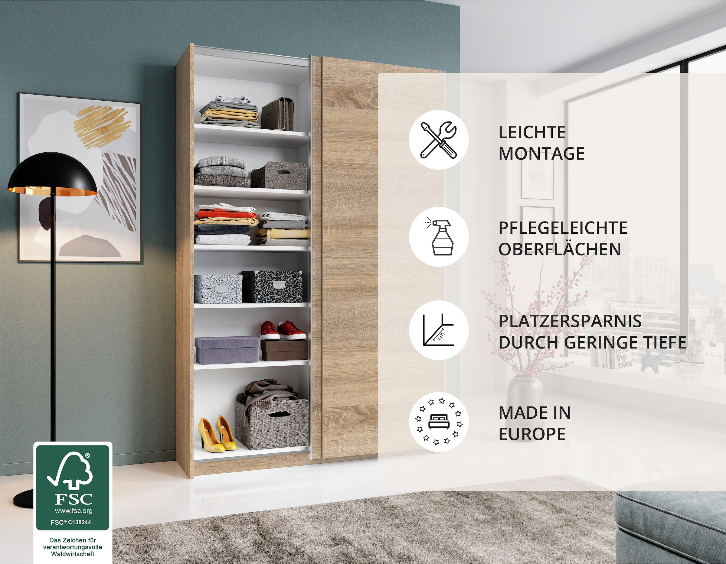 Schlafkontor Schwebetürenschrank »Heimo/Fast Schrank Kleiderschrank Garderobe«, geringe Tiefe, ausziehbarer Kleiderstange, Garderobenschrank, 6 Böden