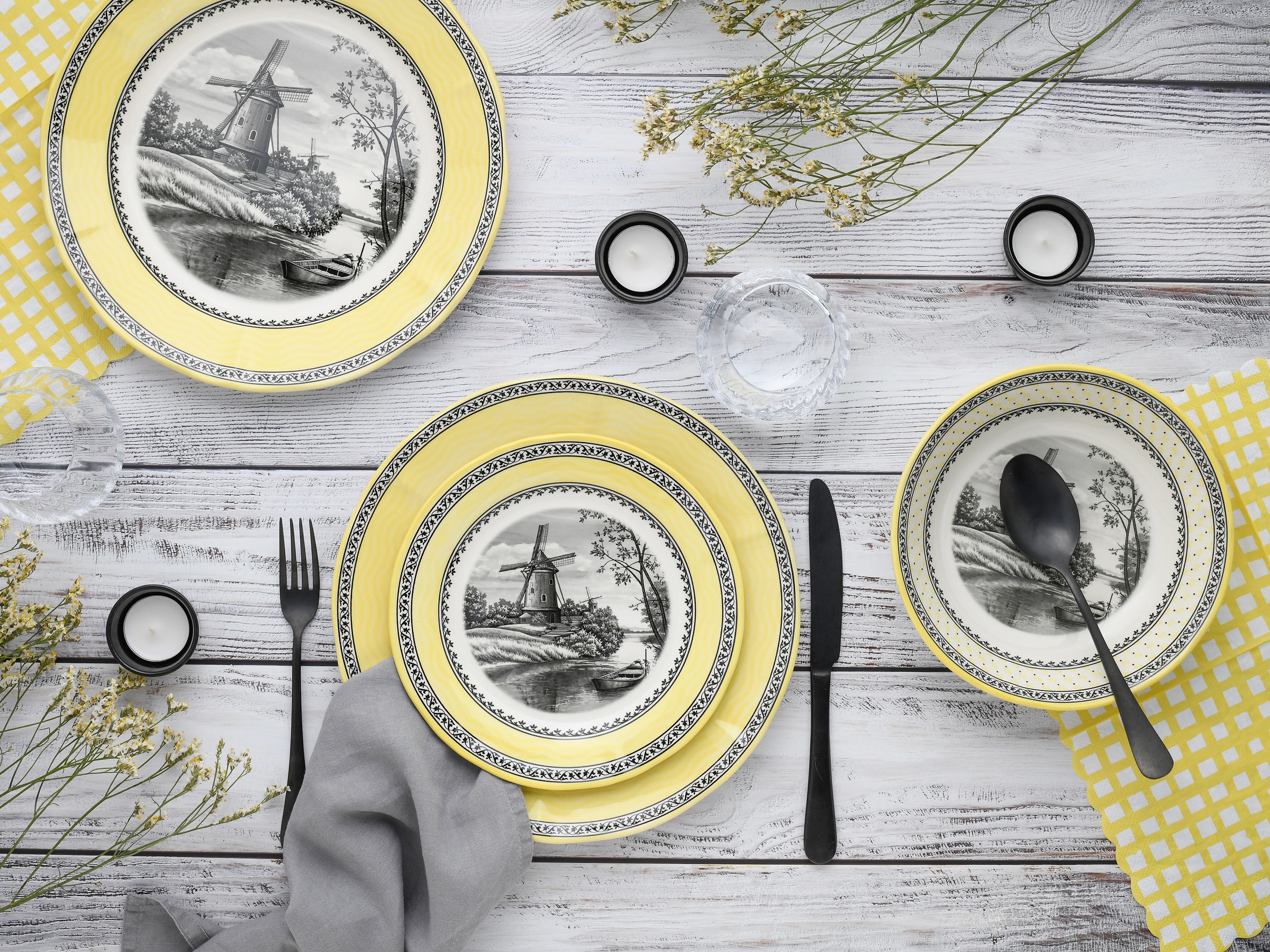 CreaTable Teller-Set »Windmühle Gelb, Tellerset 18-tlg« Traditionell, Nostalgie