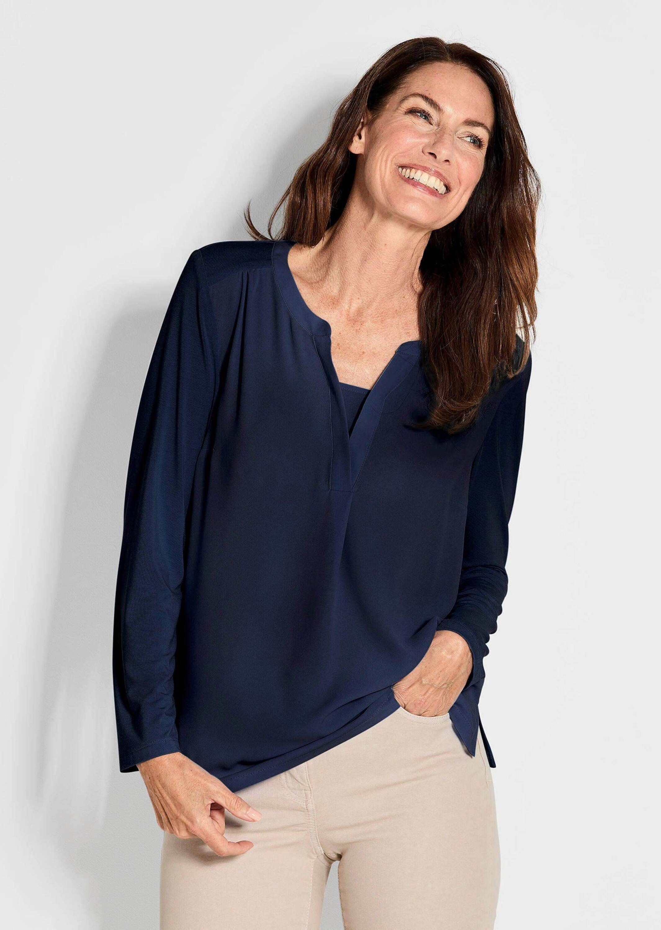 GOLDNER Kurzarmbluse »Langarm Damen Unibluse mit Chiffoneinsatz und Rundhalsaussschnitt«