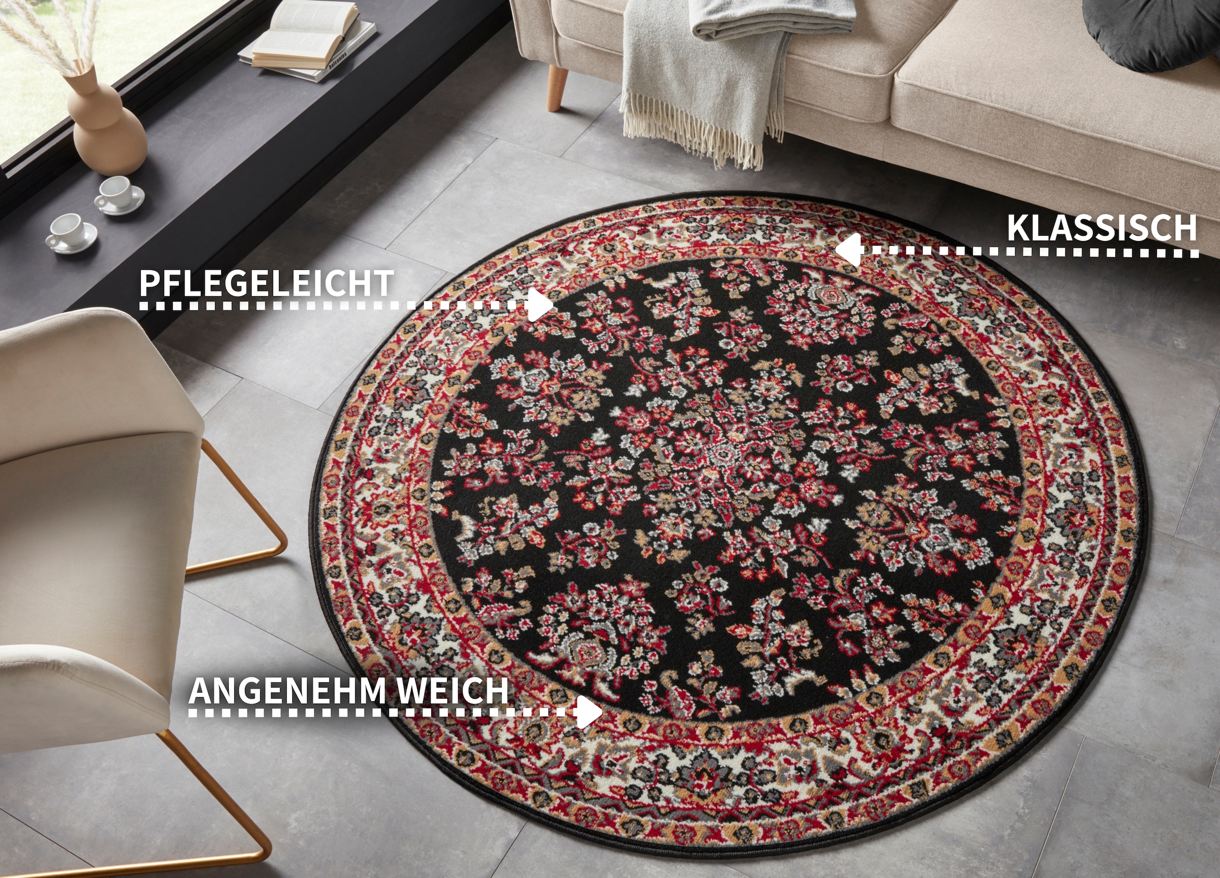HANSE Home Teppich »Halton«, rund, 8 mm Höhe, Kurzflor, Orient Optik, mit Bordüre, robust, pflegeleicht, gekettelt