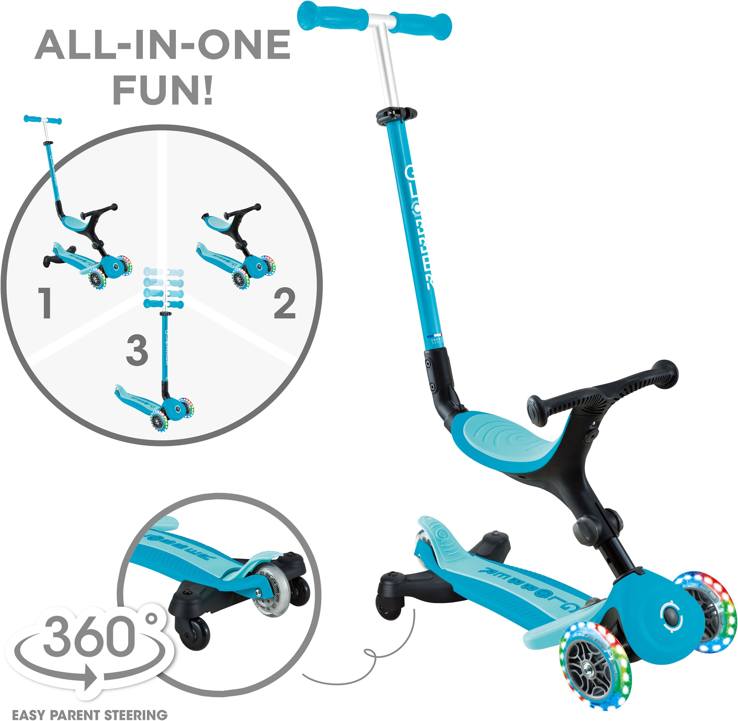Globber Tretroller »GO-UP ACTIVE LIGHTS 360, mit Leuchtrollen« Aufsitzrad, Laufrad und Scooter
