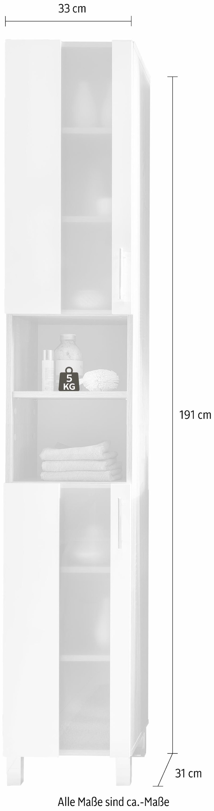 welltime Hochschrank »Padua«, Badschrank Weiß Hochglanz mit satiniertem Glas - (B/T/H) 33/31/191 cm