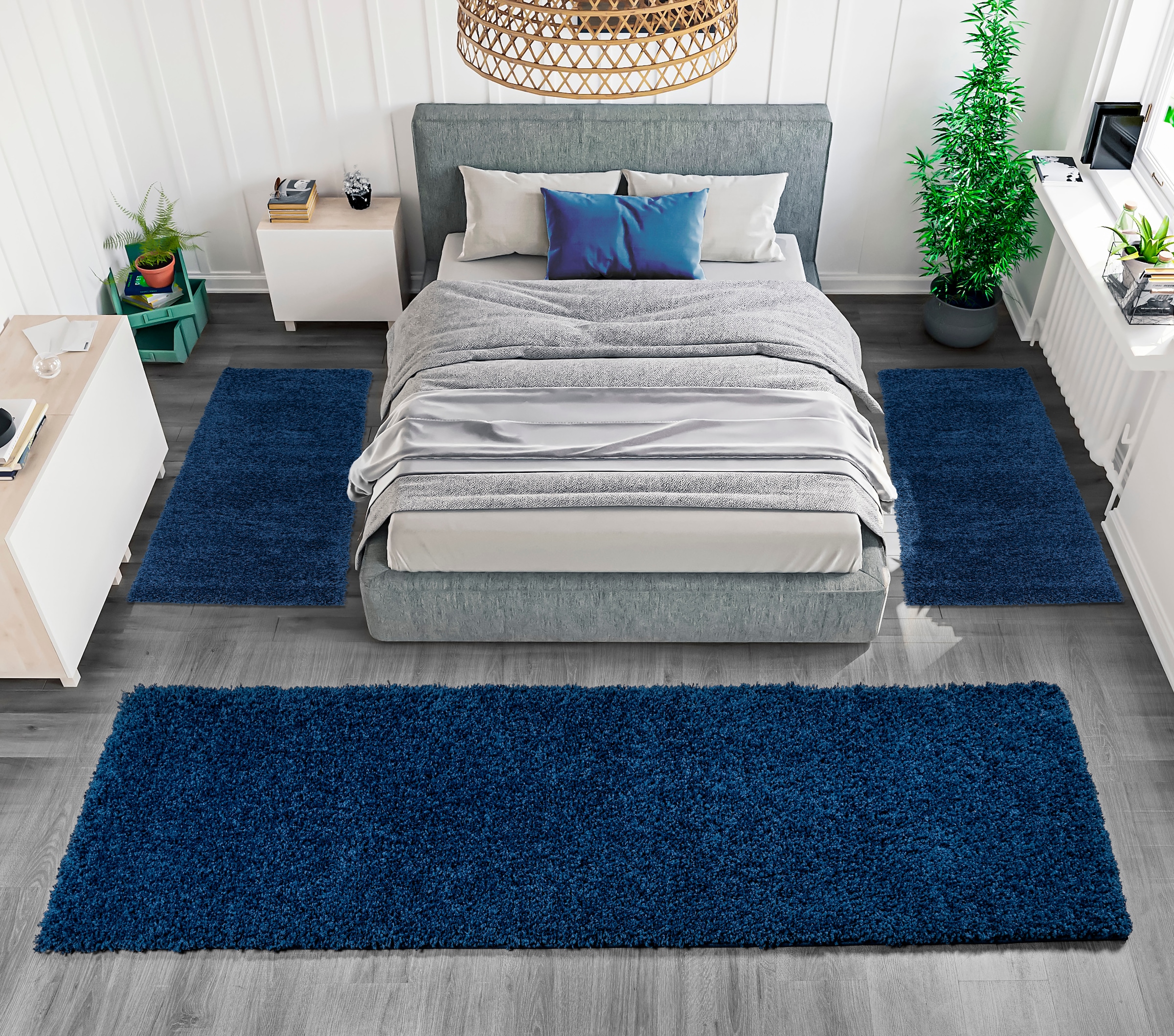 my home Bettumrandung »Shaggy 30«, (3 tlg.), gewebt, 2- oder 3-teilig, Bettvorleger, Läufer-Set, Uni-Farben