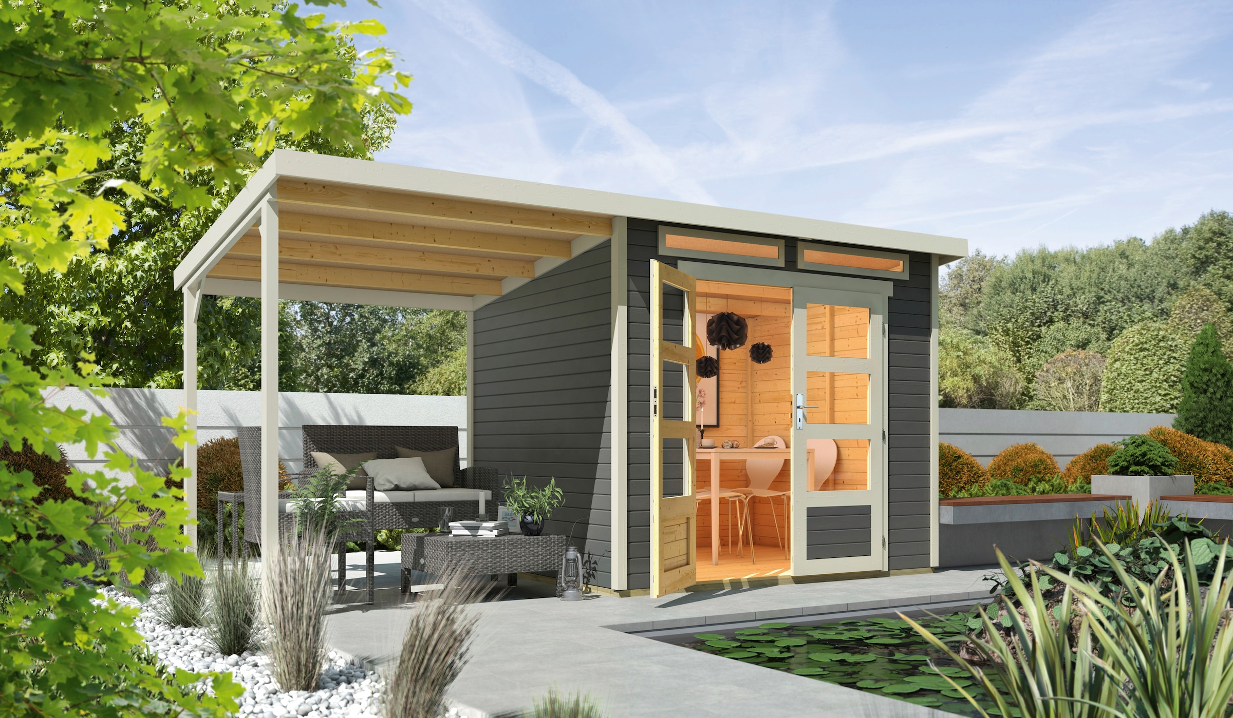 Wolff Gartenhaus »Venlo XS Titangrau mit SD Elfenbeinweiß«, mit Seitendach