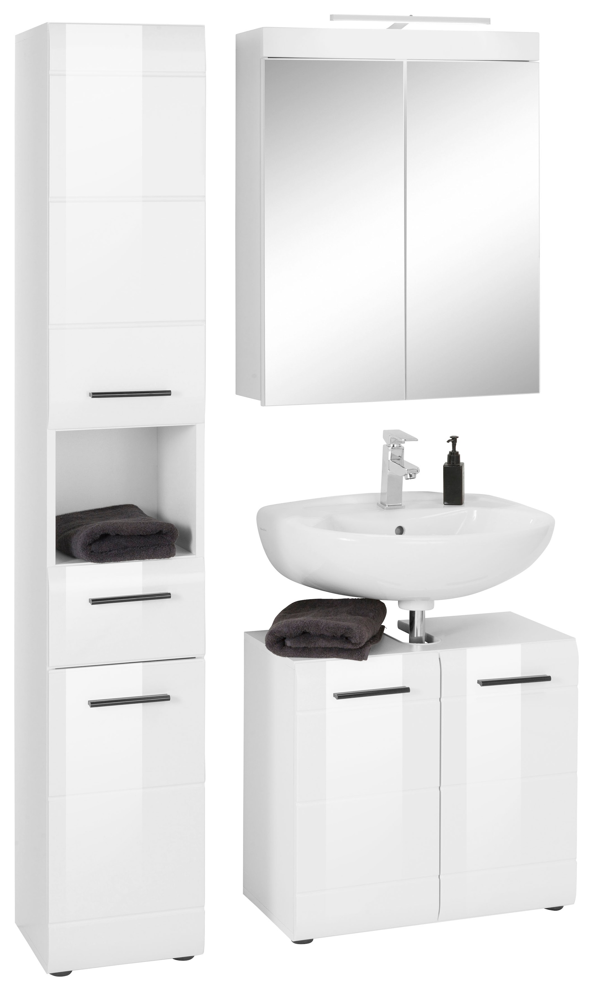 INOSIGN Badmöbel-Set »Sovana«, (Set, 3 St.), Spiegelschrank mit  LED-Beleuchtung, Hochschrank und Waschbeckenschrank bequem kaufen