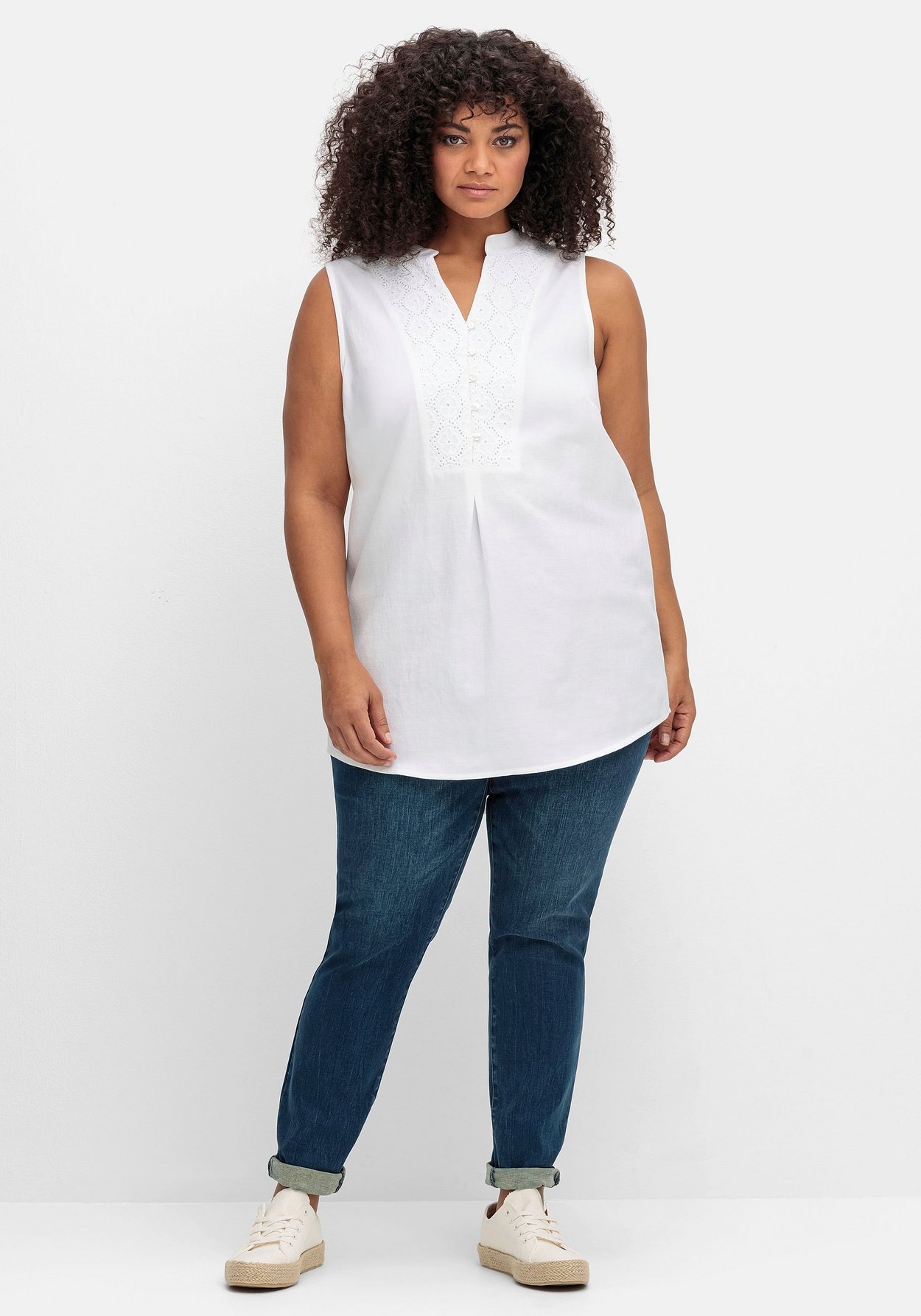 Sheego Shirttop »Webtop mit Spitzenbesatz, mit Leinenanteil«