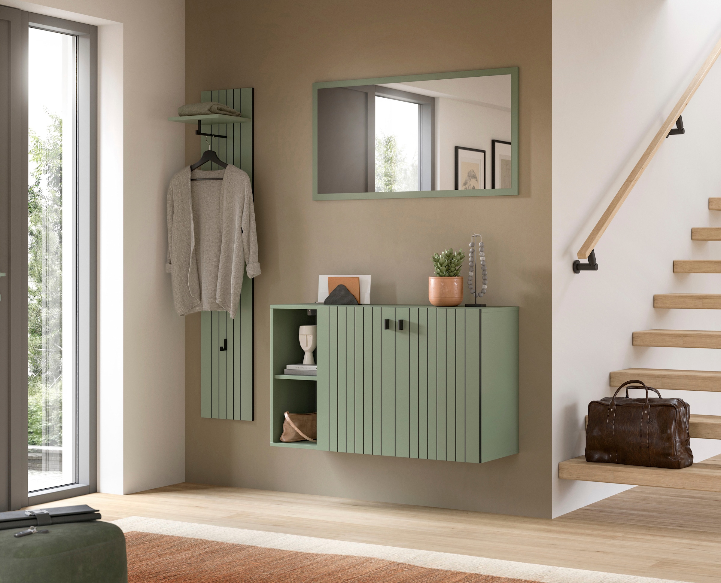 Home affaire Garderobenpaneel »TATIO, Rillenfräsung, 4 Haken, 1 Kleiderstange, 1 Ablageboden« 1 Stk. tlg. Garderobenpaneel, Garderobe, Flur, Diele