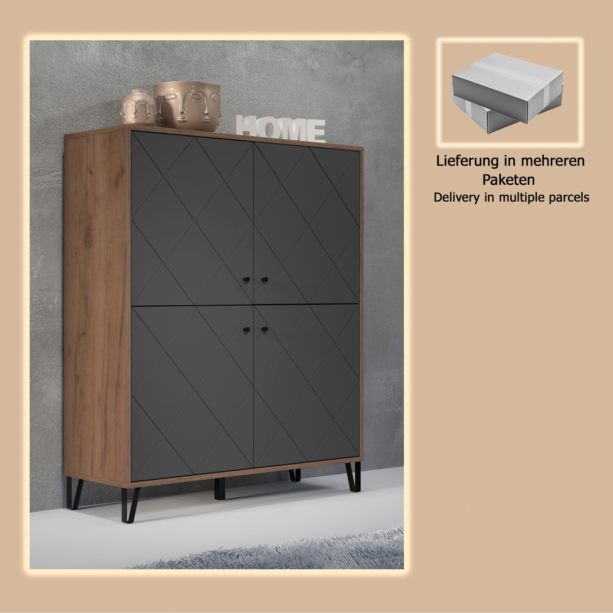 Home affaire Highboard »Molveno« 1 Stk. tlg. Highboard mit 4 Türen & Soft-Close - (B/T/H) 123/40/136 cm