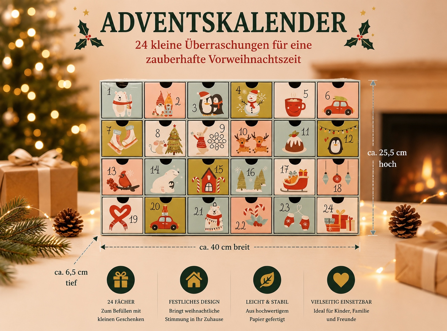 OTTO home Adventskalender »für die täglichen Überraschungen in der Vorweihnachtszeit« Es liegt keine Altersempfehlung vor mit süßen, kindlichen Motiven auf den unbefüllten Schubladen