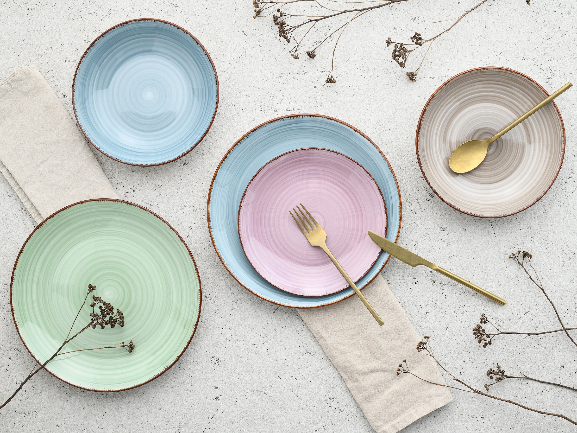 CreaTable Teller-Set »Samba Bunt, Tellerset 12 tlg« Handgemalter Spiraldekor