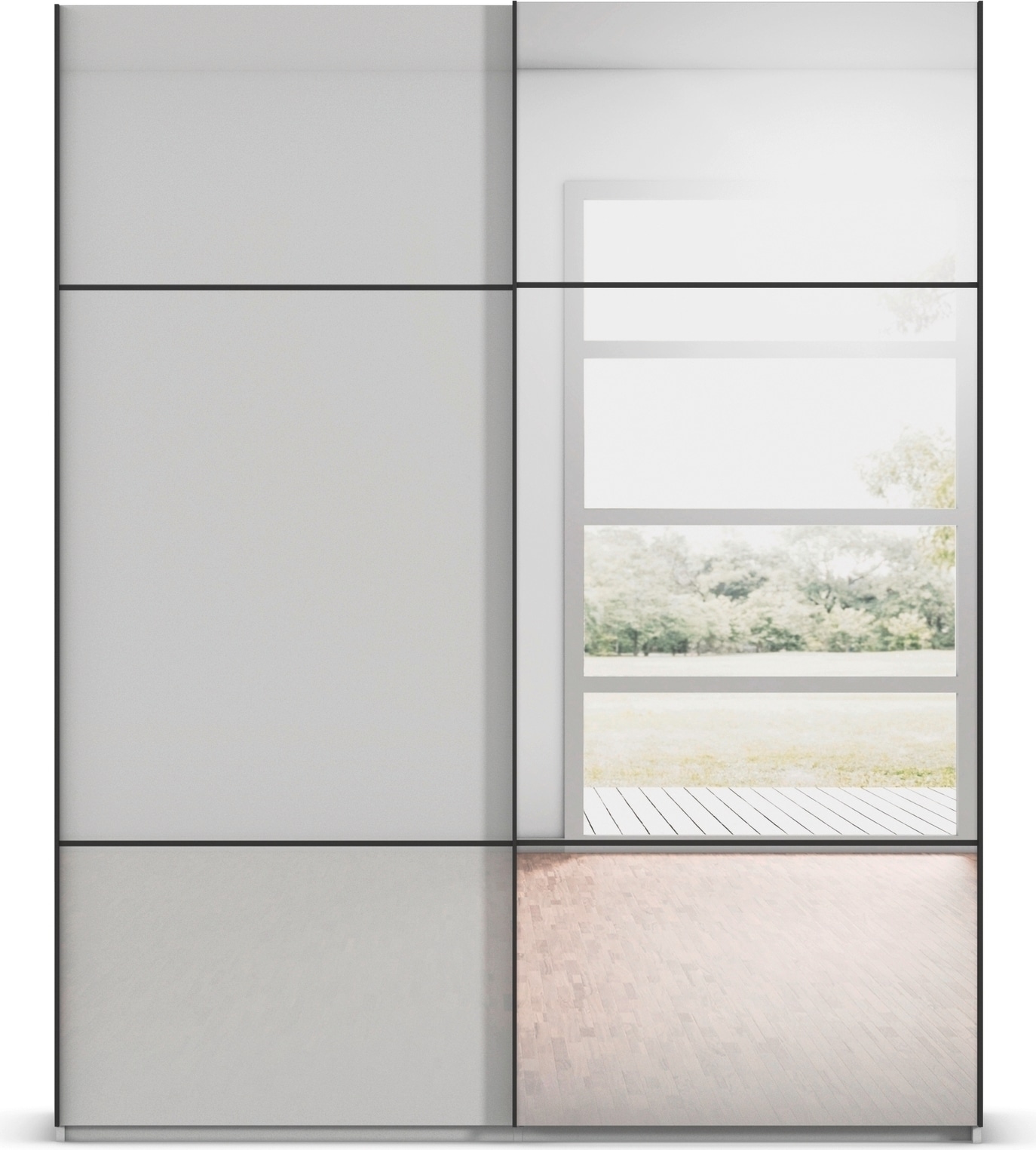 rauch Schwebetürenschrank »Kleiderschrank Schrank Garderobe Schlafzimmerschrank SCALE-TRIO« edle dreigeteilte Front mit 2 Zierleisten Spiegel/Glas MADE IN GERMANY