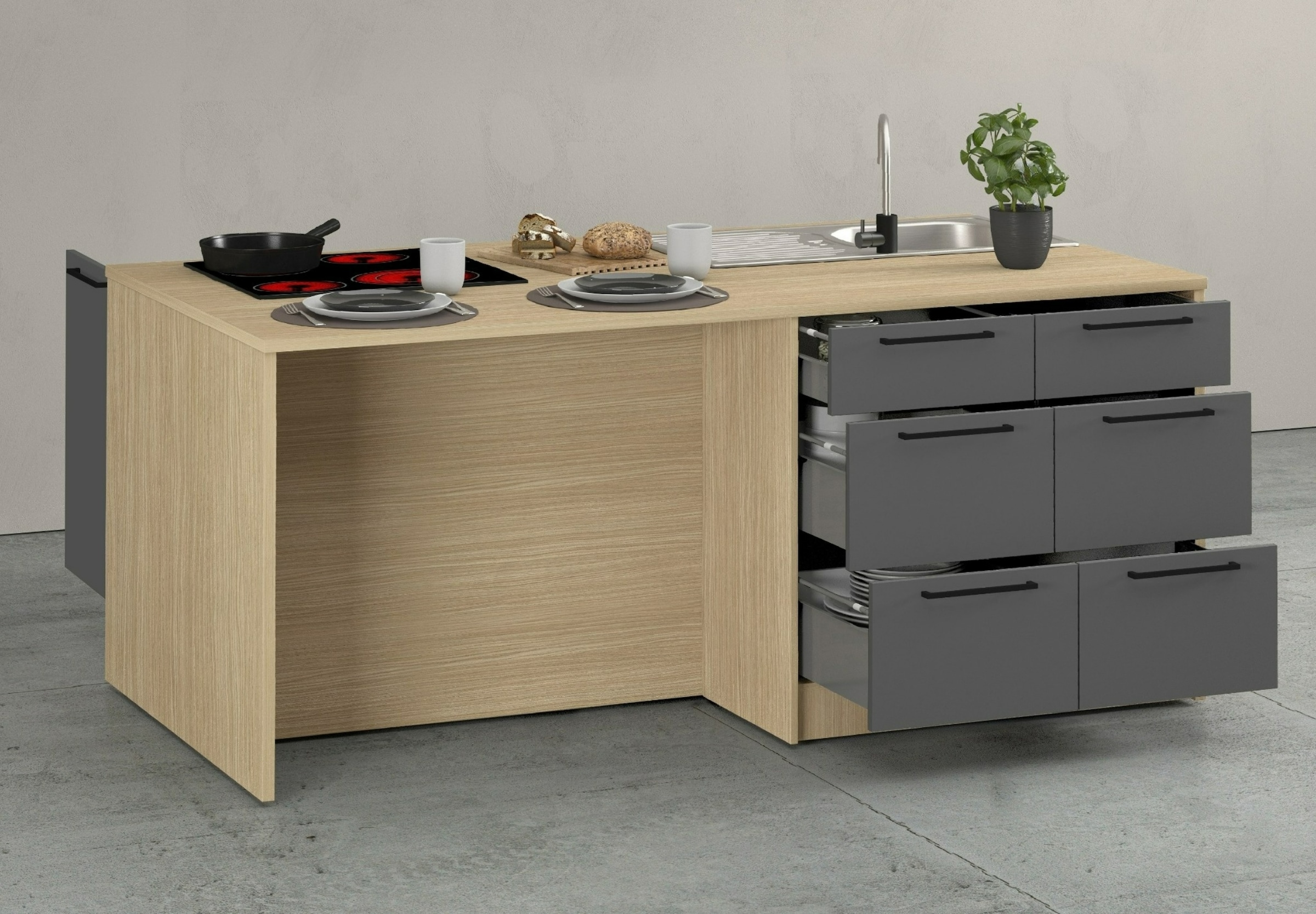 KOCHSTATION Kücheninsel »KS-Luna Breite 200 cm, Höhe 90 cm« Breite 200 cm, wahlweise mit Hanseatic-E-Geräten