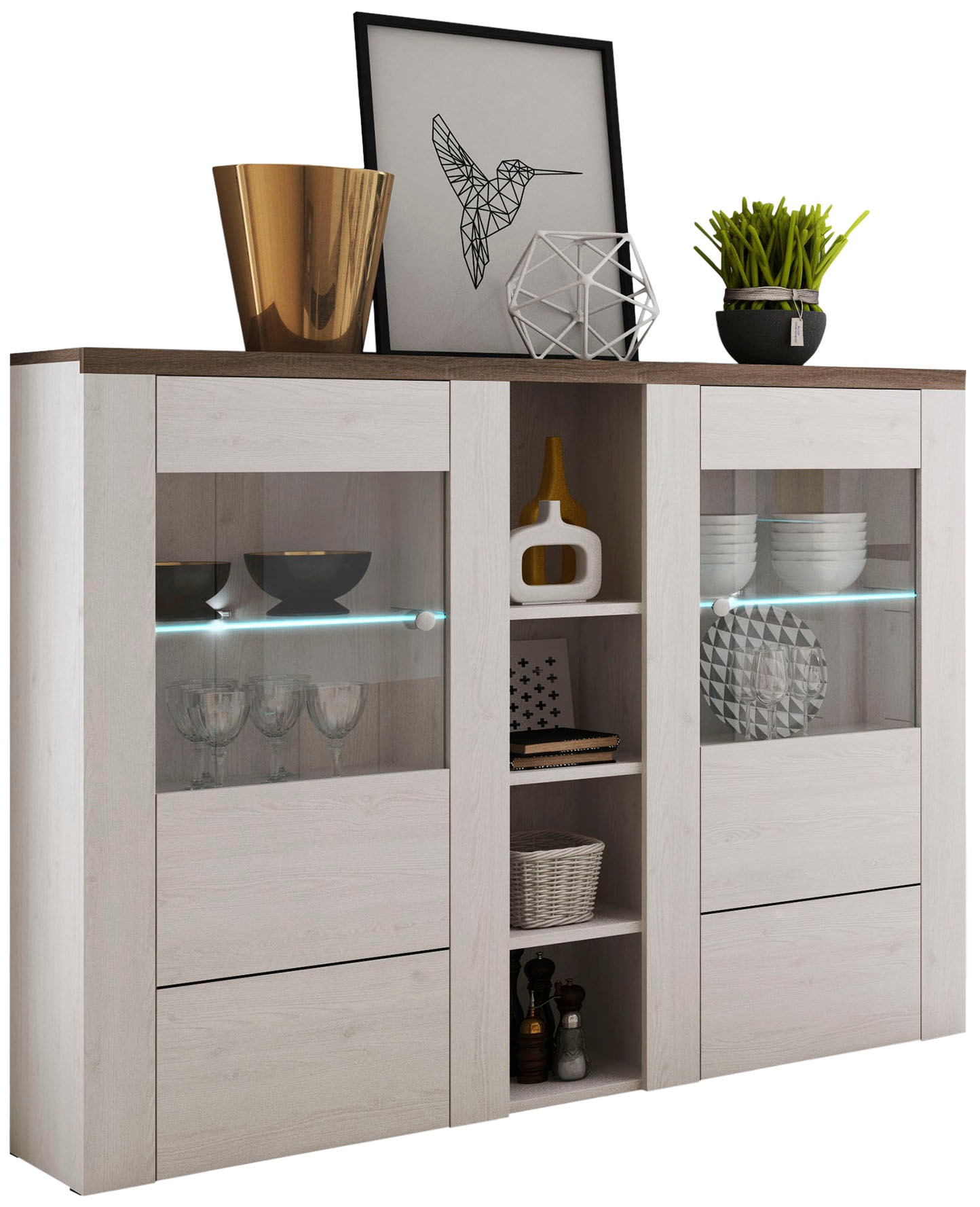 OTTO home Highboard "Larona, zeitlose Hochkommode mit 2 Türen, Türkommode, Höhe 129,5 cm," Anrichte mit dekorative Rahmenoptik, Türen mit Glaseinsatz