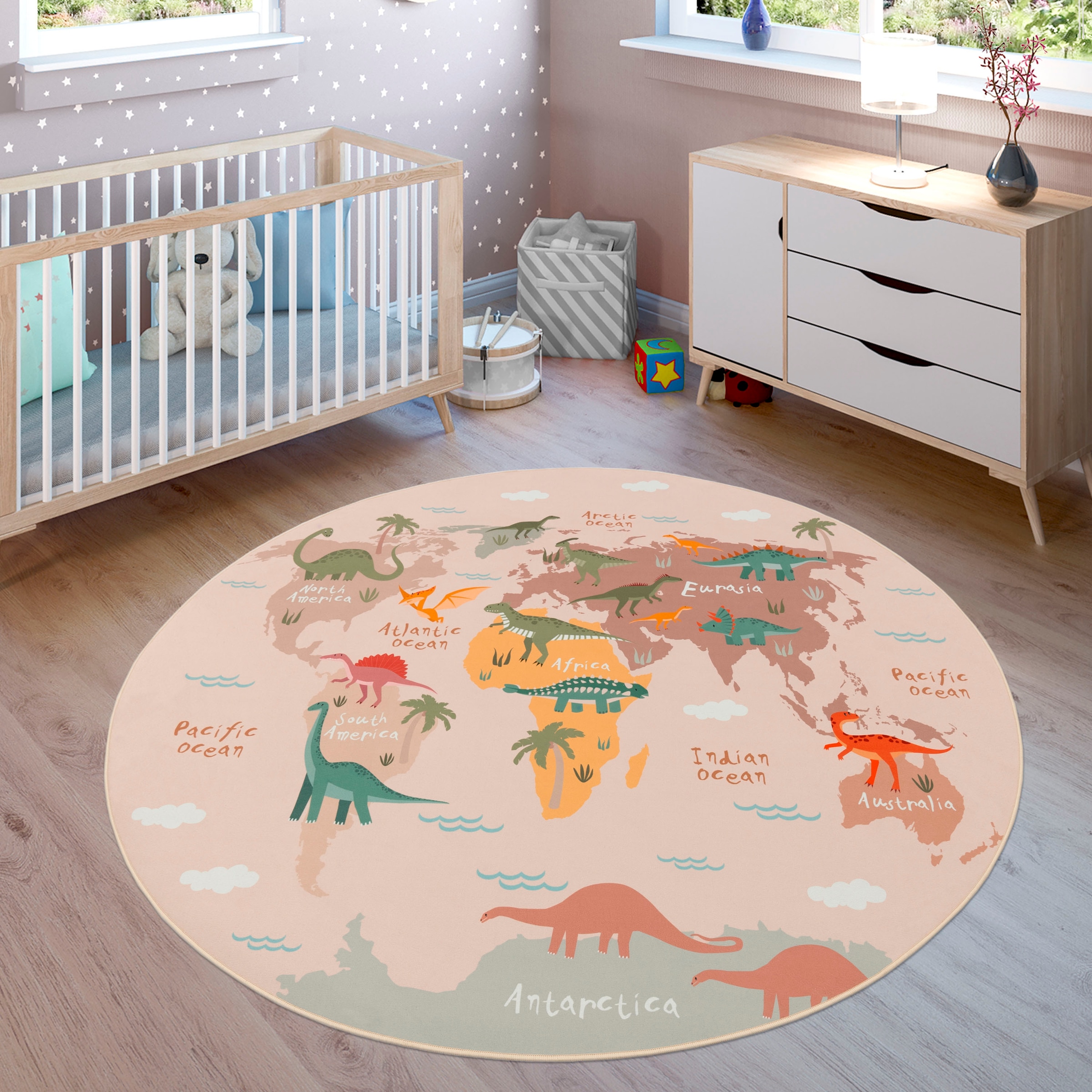 Paco Home Kinderteppich »Bino 583«, rund, Spielteppich, Motiv Weltkarte & Dinosaurier, Kinderzimmer