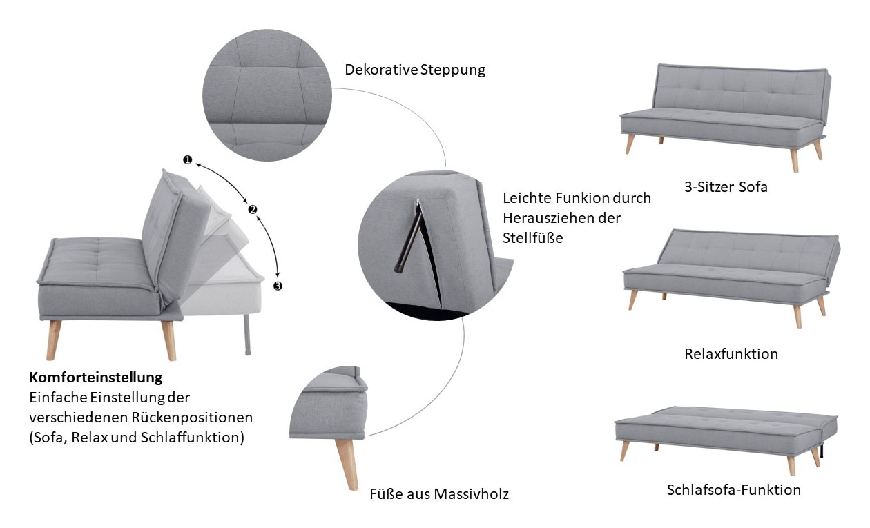 INOSIGN Schlafsofa »MENDOTA, 181 cm, 3-Sitzer mit Schlaffunktion,«, verstellbarer Rückenlehne, Klappmechanismus