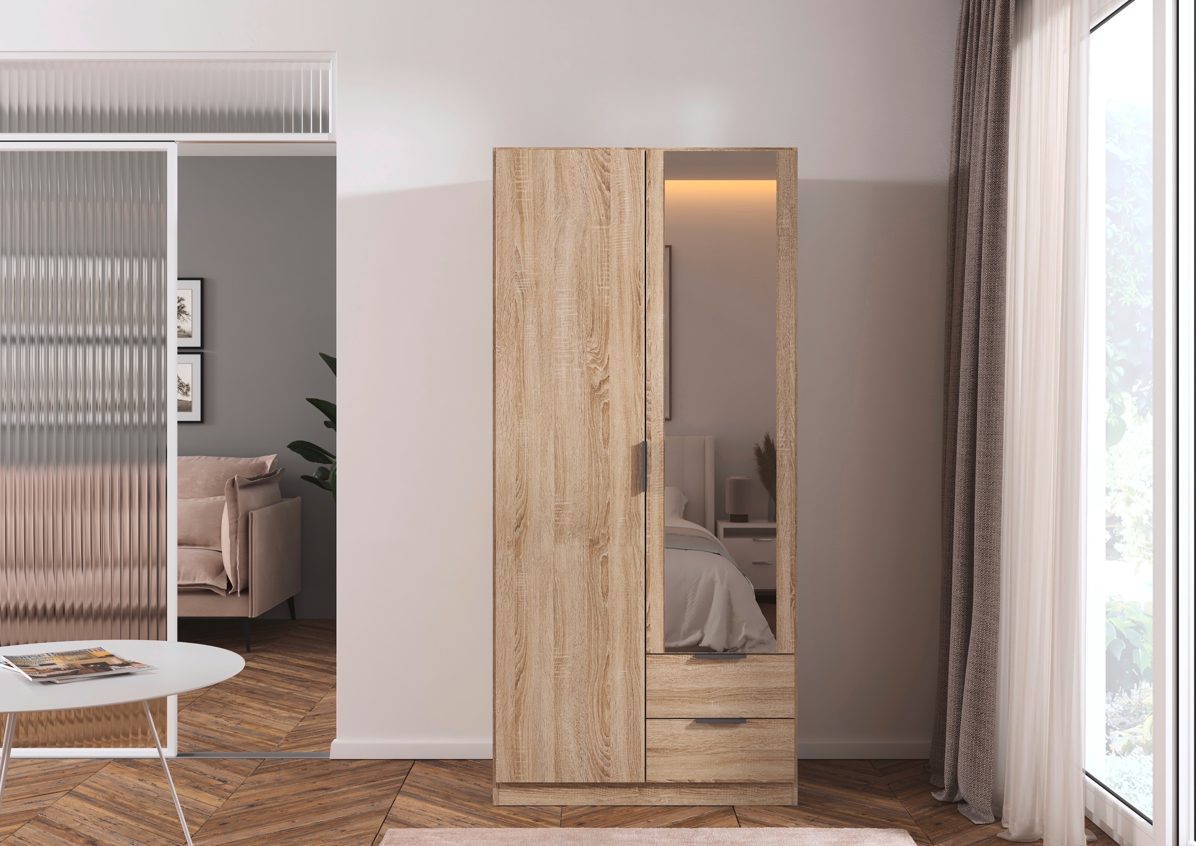 rauch Kleiderschrank »Drehtürenschrank Schrank Garderobe Ankleide Schlafzimmer LAGOA« 3 verschiedene Ausstattungen BASIC/CLASSIC/PREMIUM (inkl. SOFT-CLOSE),  geräumige Schubladen, 3 Breiten, optional mit Aufsatz MADE IN GERMANY