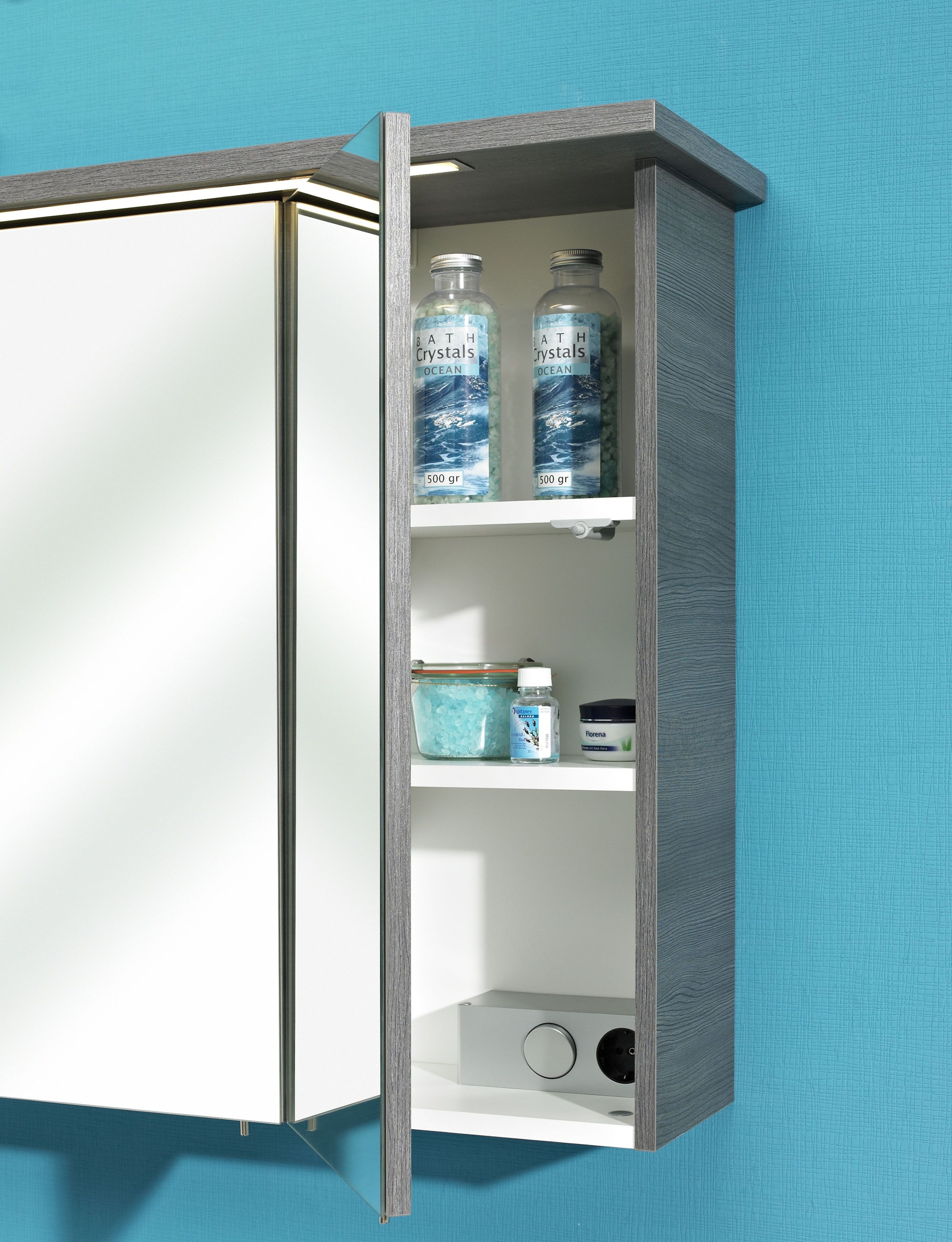 Saphir Badmöbel-Set »Quickset 2-teilig, Glaswaschtisch mit LED-Spiegelschrank, 115 cm breit«, (2 St.), Badezimmer Set inkl. Türdämpfer, 5 Türen, 1 Klappe, 1 Schublade
