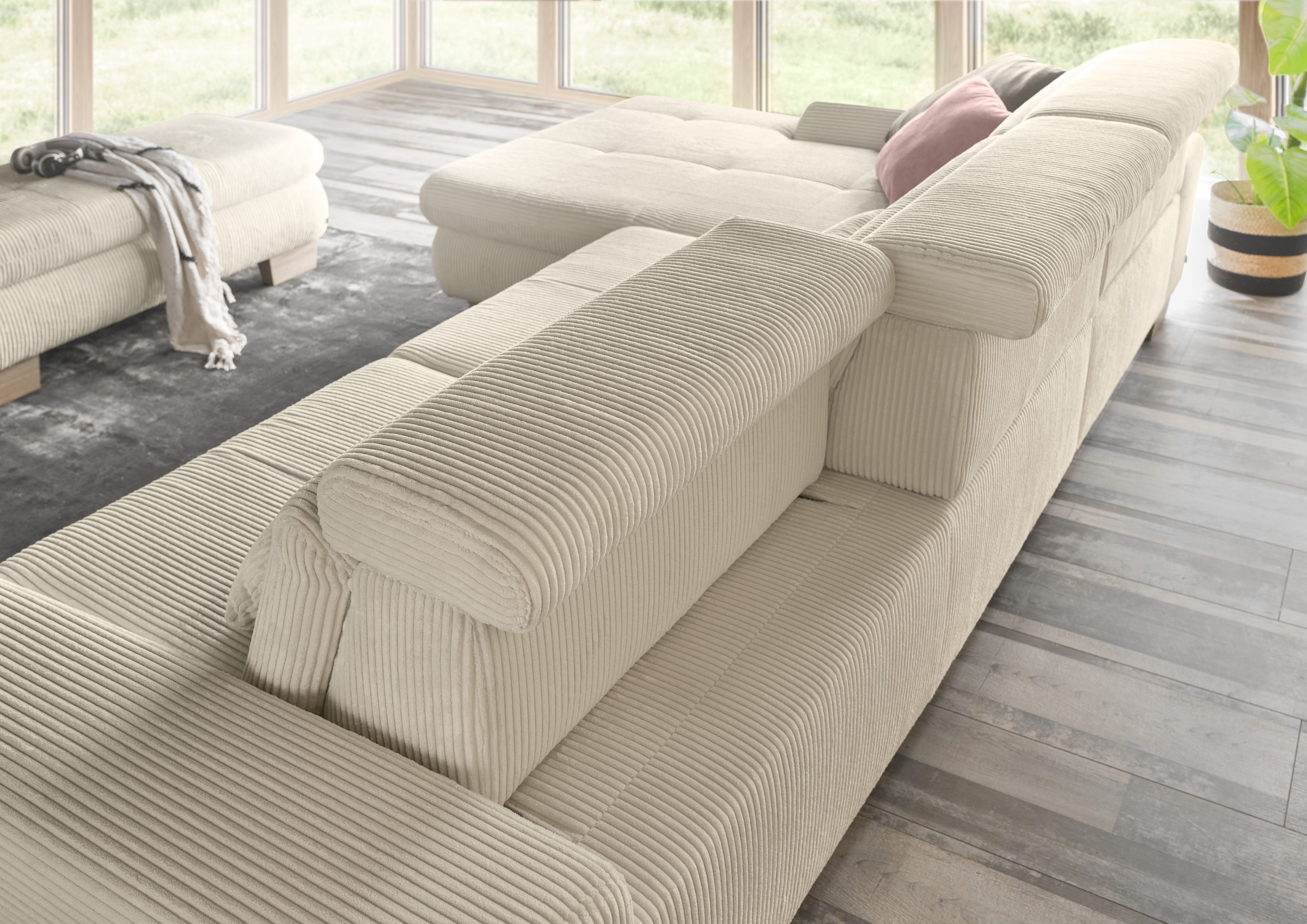 set one by Musterring Ecksofa »SO 3400 Sitzhöhe 47cm oder 49cm, Sitztiefe verstellbar, B/T: 307/195cm«, whlw. mit Funktion, Kaltschaum, in Cord, natur, Sitzhöhe 47