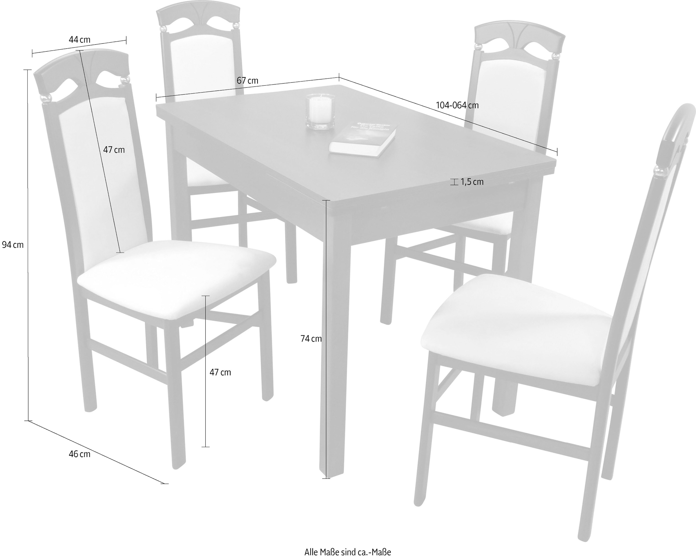 HOFMANN LIVING AND MORE Essgruppe »Anthony«, (Spar-Set, 5 tlg., 1 Tisch, 4 Stühle), Stuhlgestell und Tischbeine aus Massivholz, Tisch mit 2 Ansteckplatten