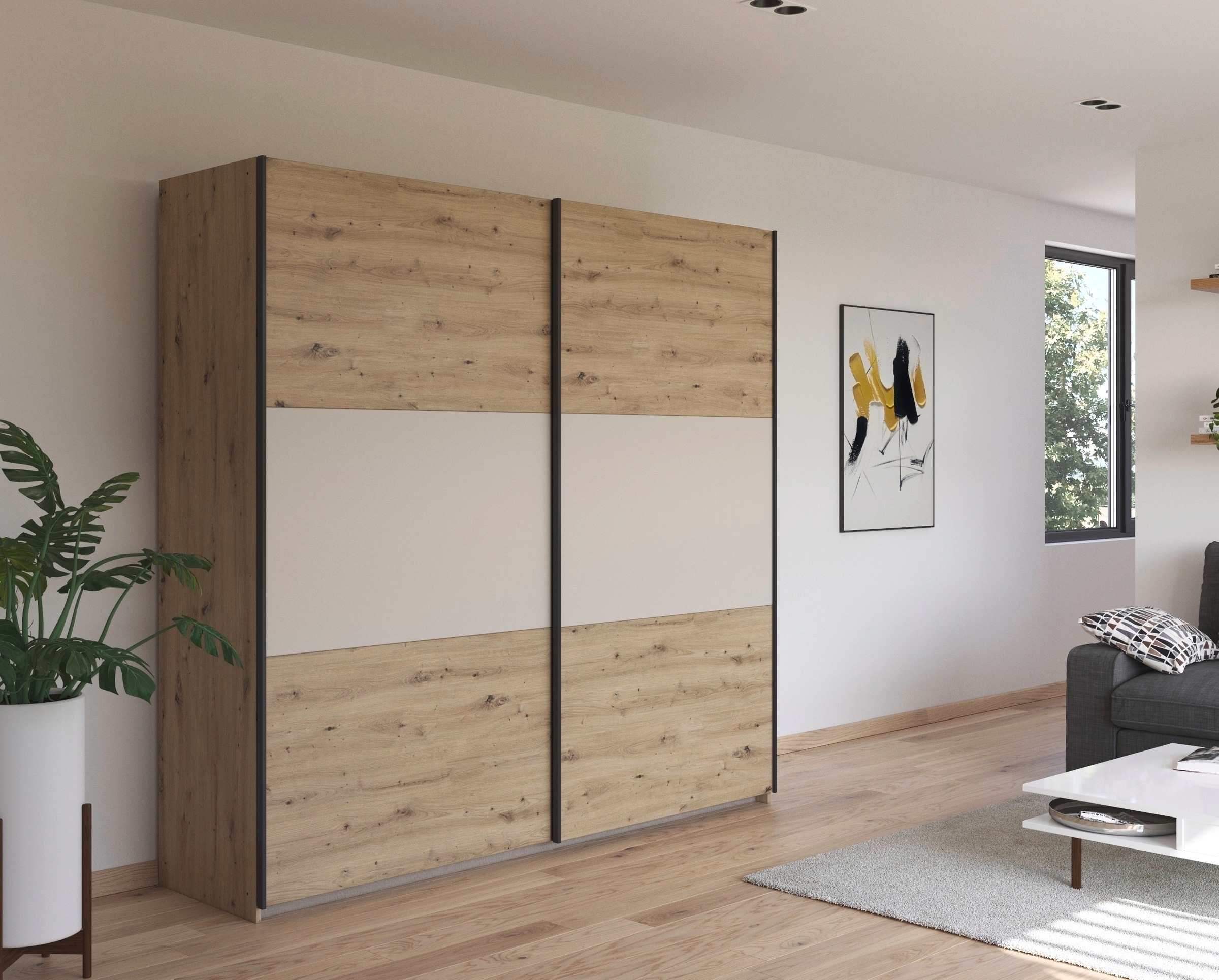 rauch Schwebetürenschrank »Kleiderschrank Schrank Garderobe Garderobenschrank Wäscheschrank NEO«, (in 3 verschiedenen Ausstattungen BASIC/CLASSIC/PREMIUM), mit großzügigem Stauraum und vielfältigen Farbkombinationen