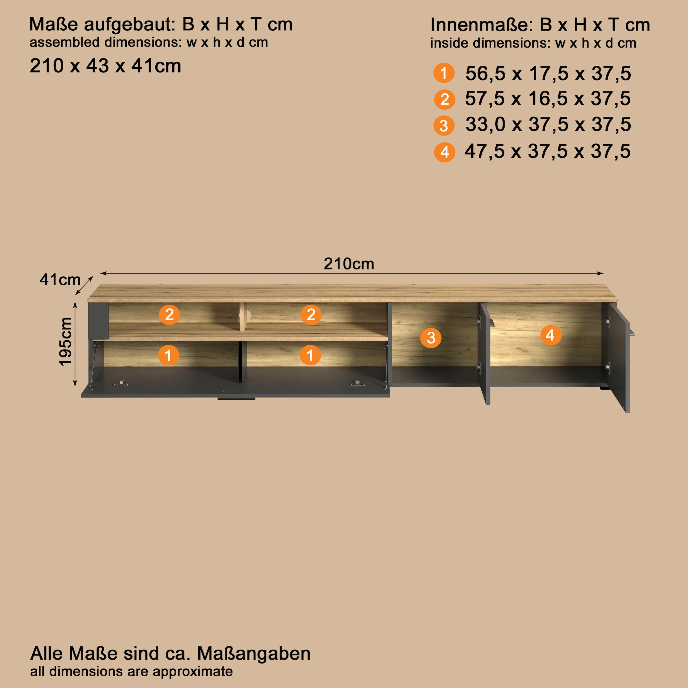 Home affaire Lowboard »Estepona TV-Kommode« 1 Stk. tlg. TV-Board, Breite 210 cm, Elegant und modern