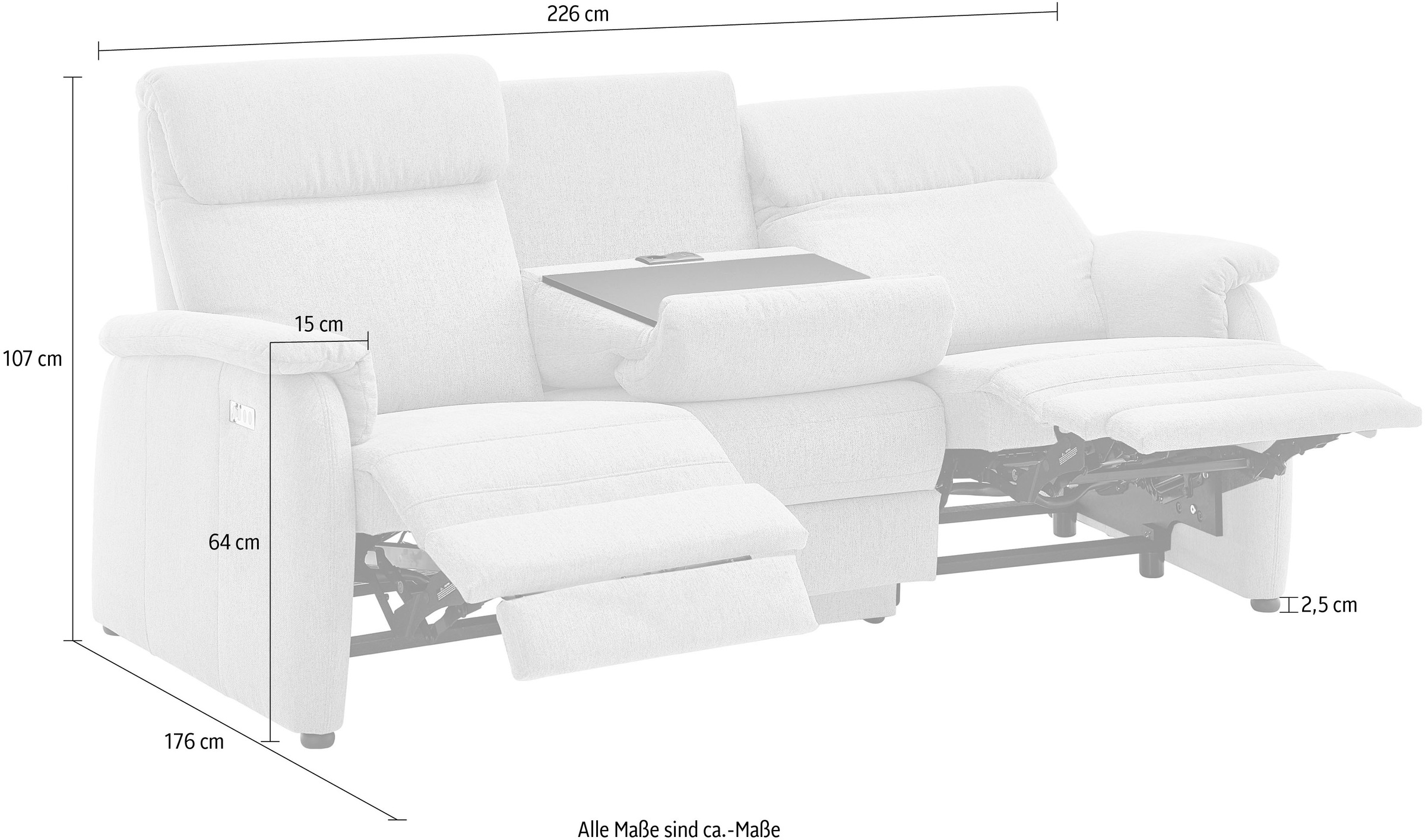 Home affaire 3-Sitzer »Turin Sofa mit elektrischer Relaxfunktion, Breite 226 cm« inkl. Tisch, USB & Steckdose, Federkern & pflegeleichtem Bezug